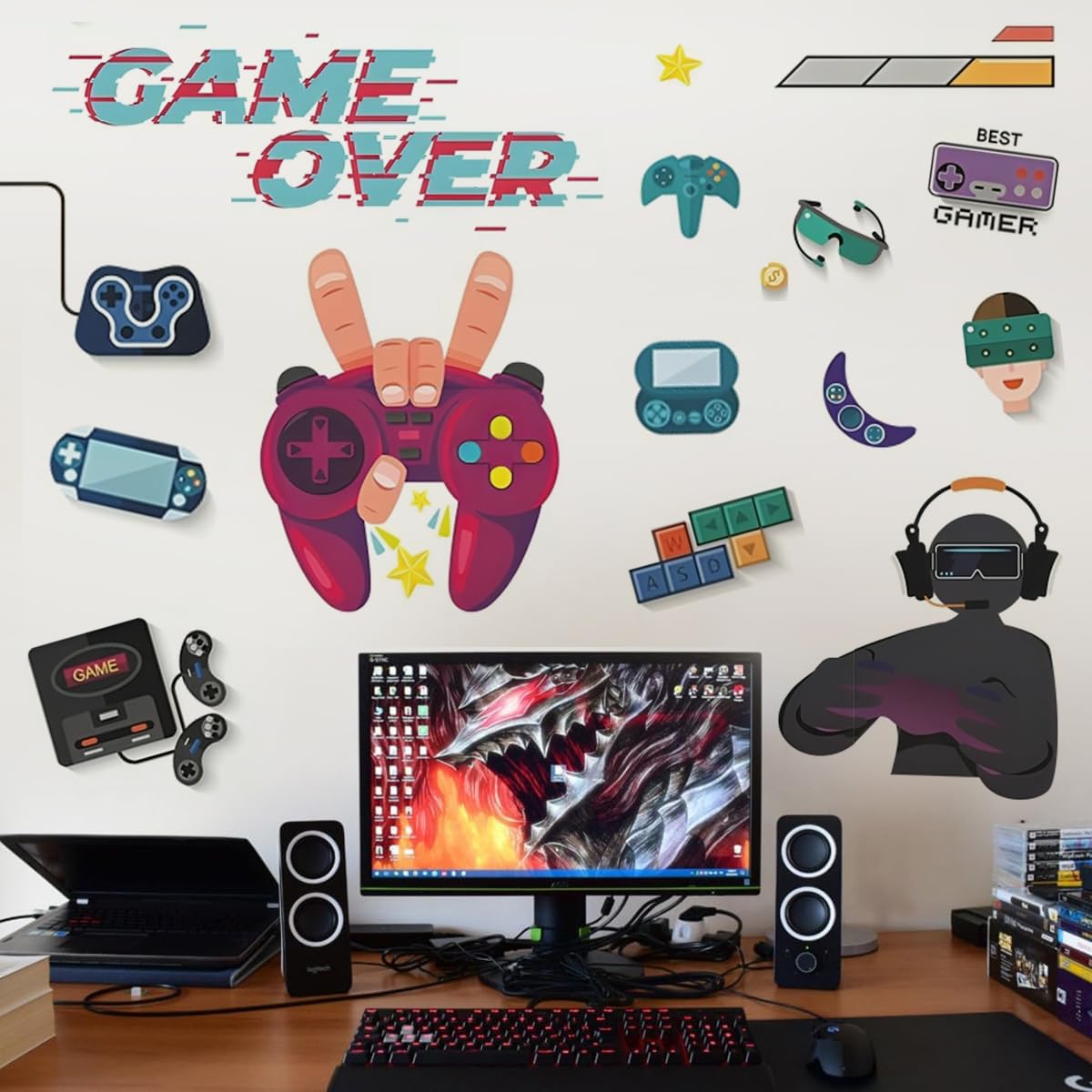 DEKOSH Gaming Room Decor Full Set for Boys - 35-Piece Gamer Wall Art & Sticker Bundle for Bedroom, Man Cave, and Game Room - Perfect for Teen & Adult Gamers