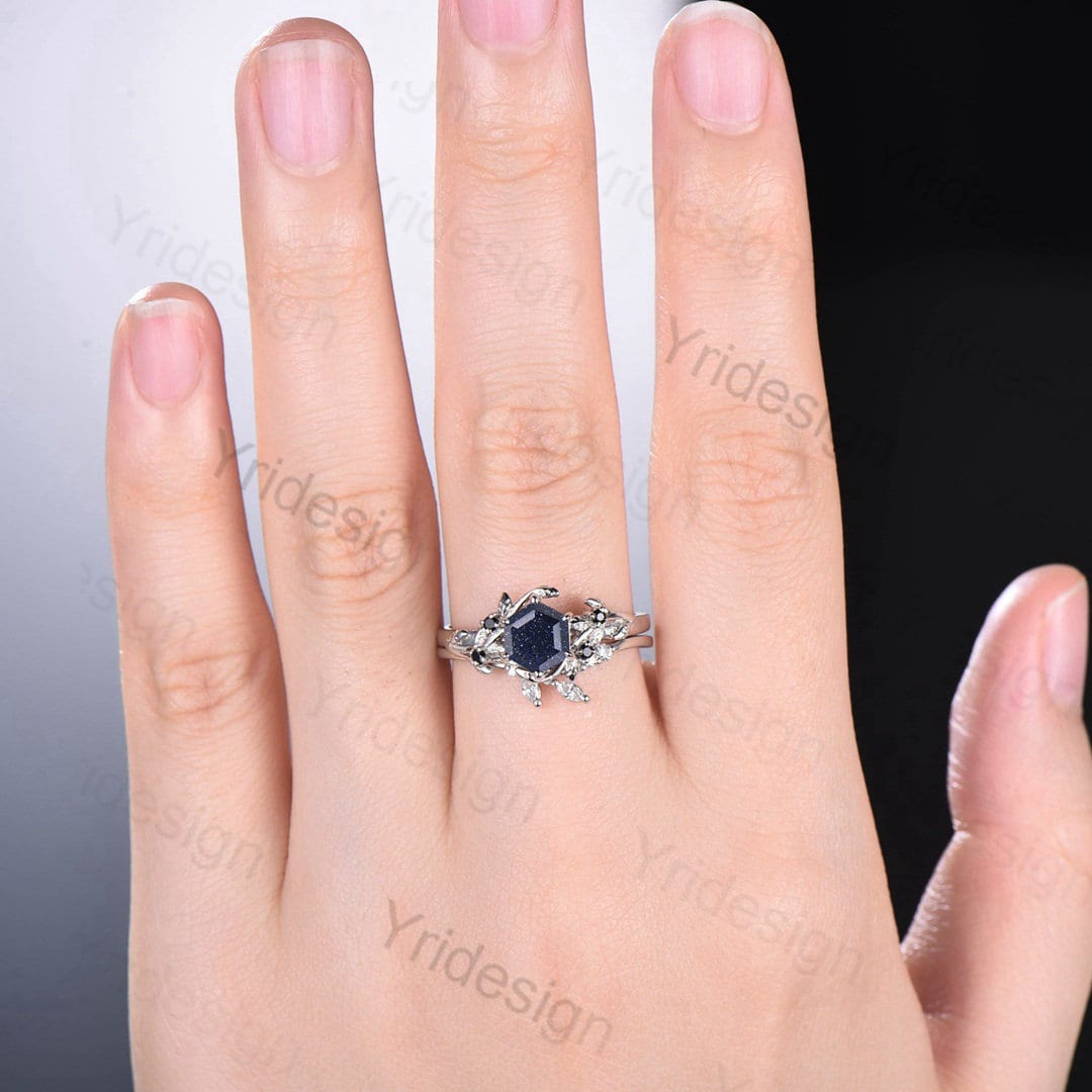 2Pcs Vintage Blue Sandstone Wedding Ring Set - Elegant Leaf Galaxy Engagement Ring for Women, Crystal Promise Ring, Unique Bridal Jewelry Set - Perfect for Anniversaries, Proposals & Romantic Gifts