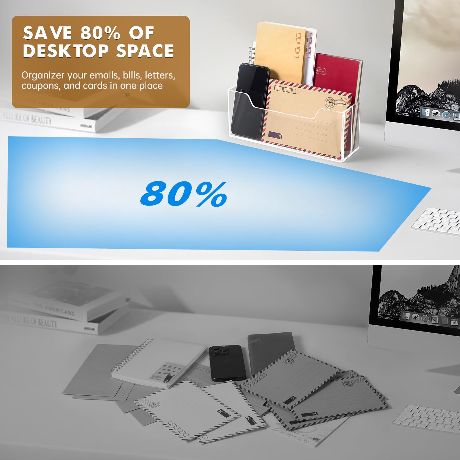 BEYGORM Wall Mounted Mail Organizer - 2 Slot Hanging Letter Holder for #10 Envelopes, Clear Acrylic Desk Mail Sorter for Home Office | Perfect for Bills, Letters & Important Documents Organization