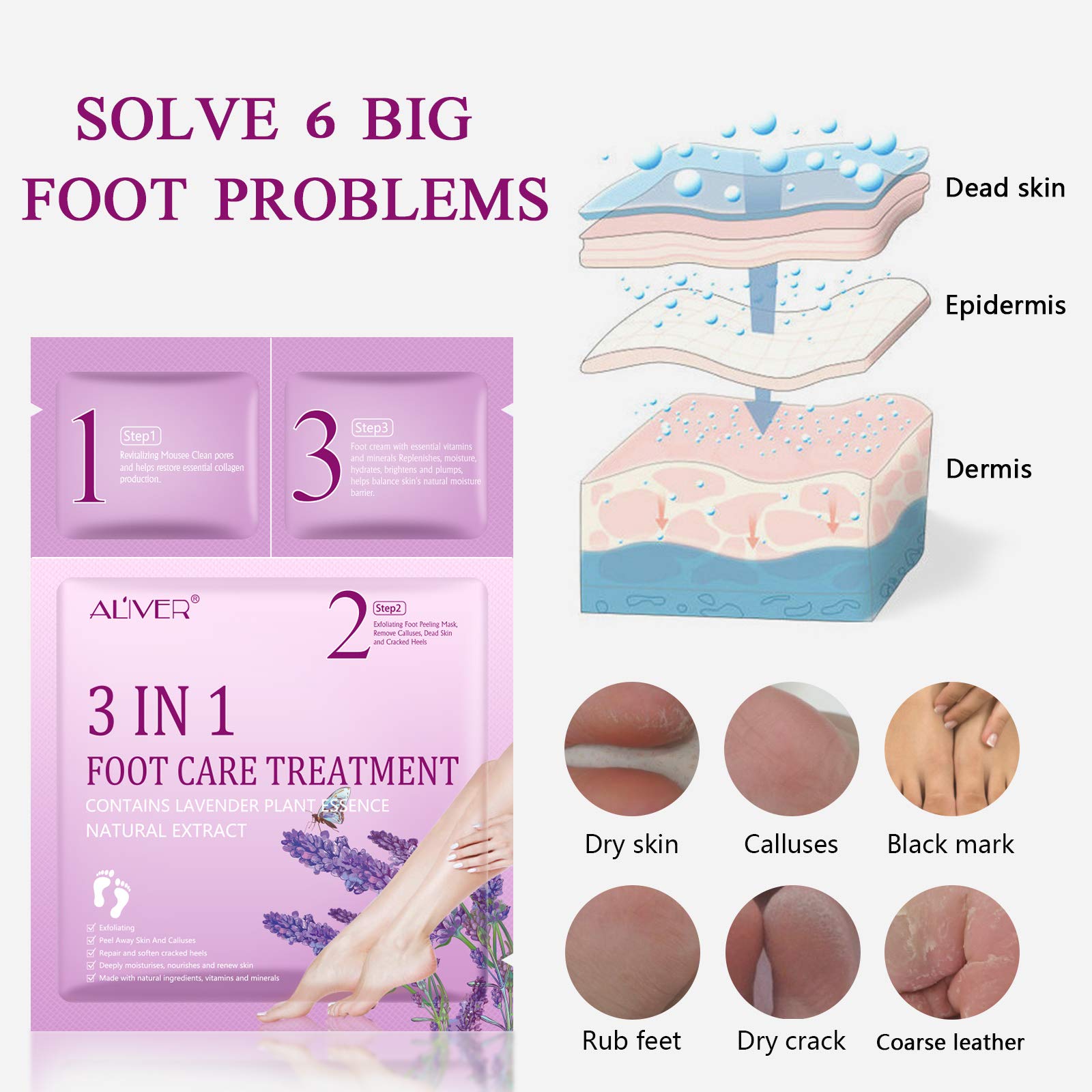 3-Pack Foot Peel Mask & Care Kit - Lavender Exfoliating Peel Off Mask, Cleansing Mousse & Moisturizing Cream for Dead Skin & Callus Removal - Perfect for At-Home Pedicures & Foot Spa Treatments (Men & Women)