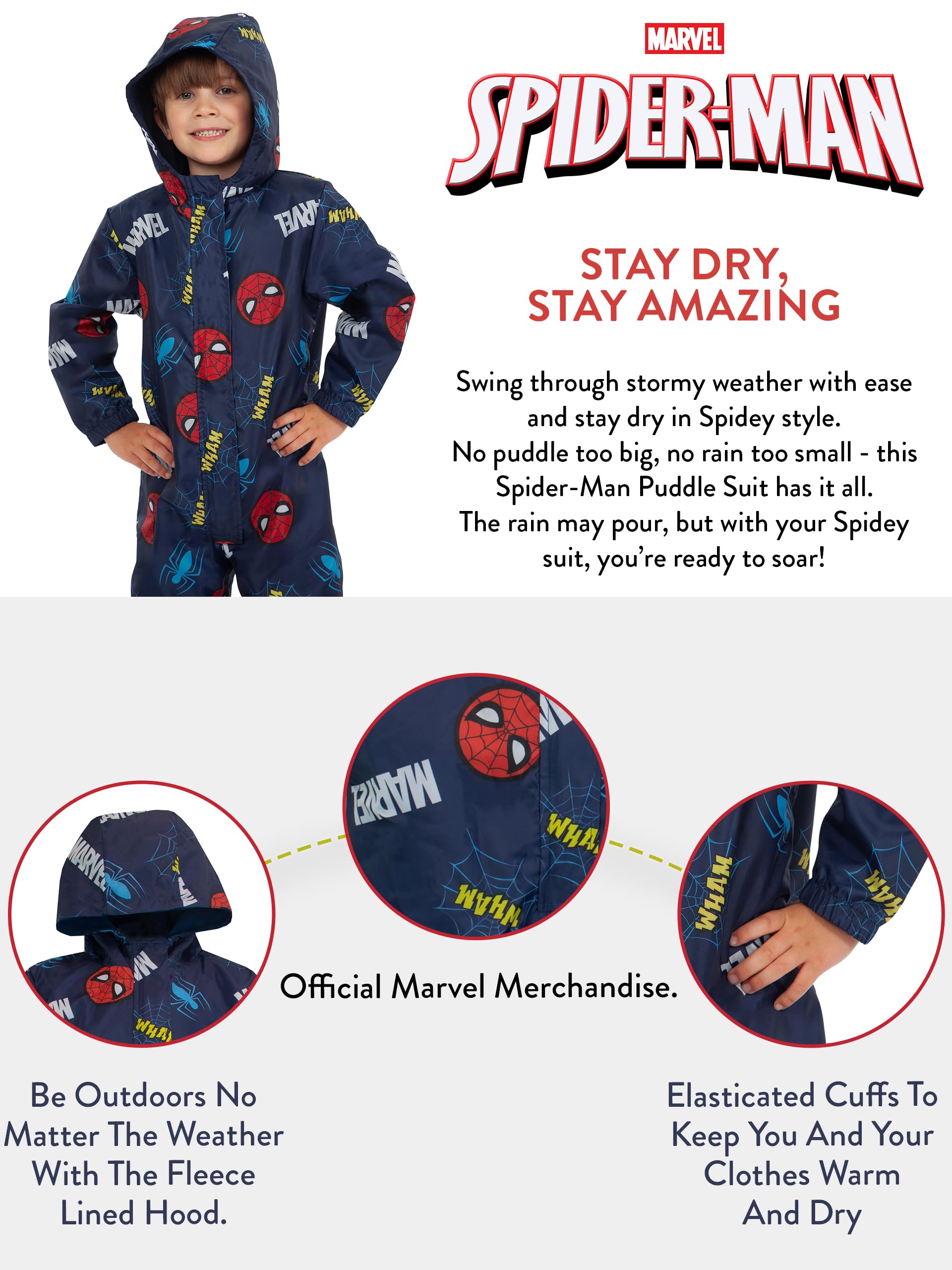 Marvel Spiderman Kids Rain Suit - Waterproof Boys' Rain Gear Overalls for Outdoor Play & School Commute