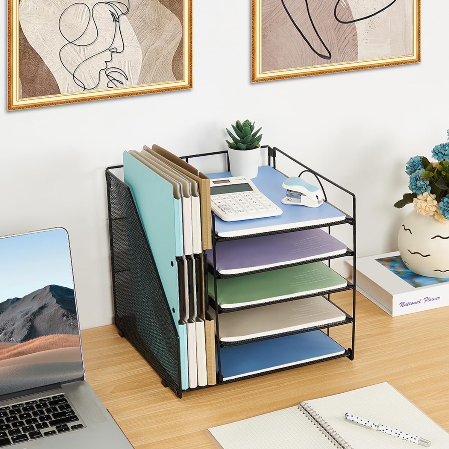 5-Tier Paper Letter Tray Organizer with File Holder - Black Desk Organizer for Office Supplies | Perfect for Home Office, School & Workspace Organization