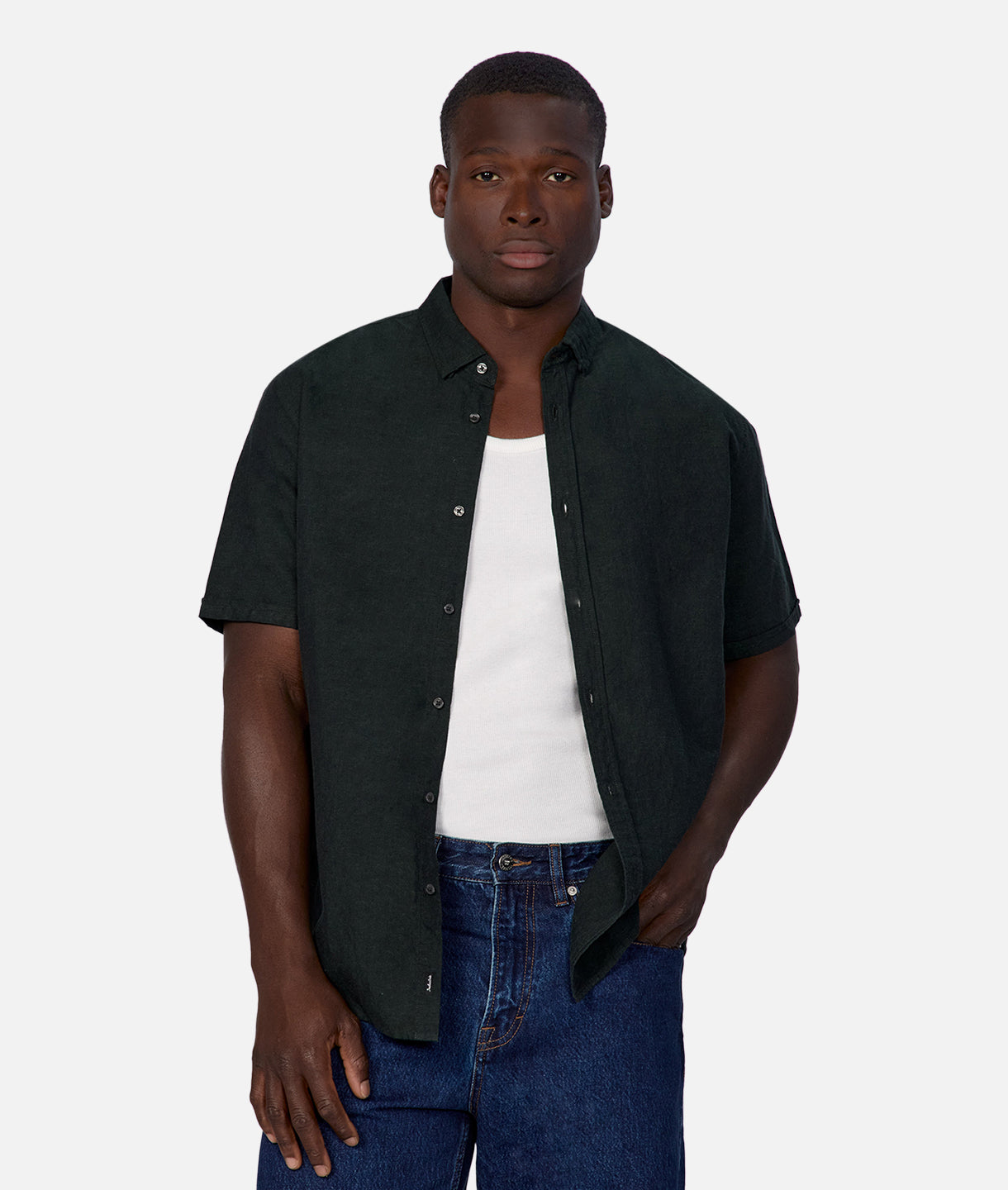 The Tennyson Linen Blend Short Sleeve Shirt in Dark Pine - Breathable & Stylish Casual Wear for Men, Perfect for Summer Outings & Office Casual Fridays