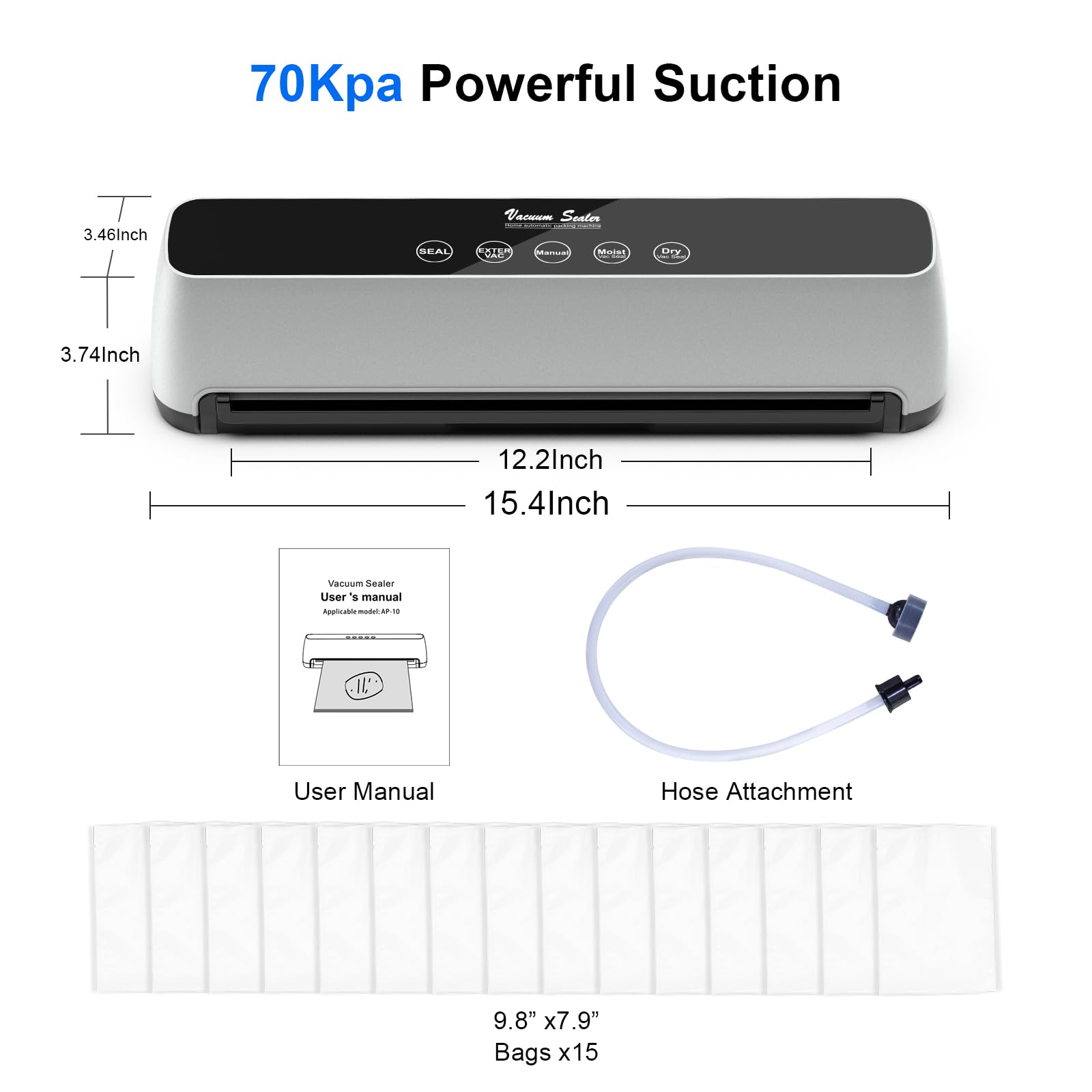 Automatic Vacuum Sealer Machine 70Kpa with LED Touch Screen - 15 Seal Bags & Air Suction Hose Included - Food Saver for Dry/Wet Foods - Perfect for Meal Prep, Sous Vide & Long-Term Food Storage
