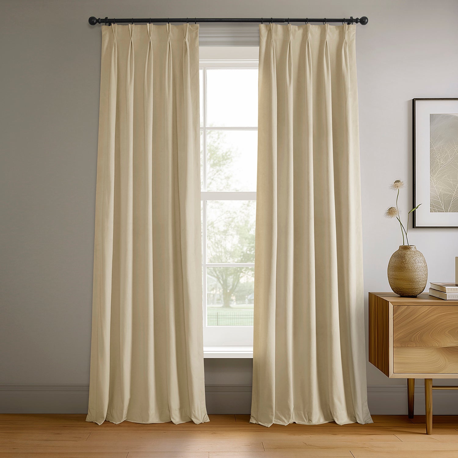 Premium Blackout Curtains with French Pleat - Thermal Insulated Velvet Drapes for Bedroom & Living Room - Noise Reducing Window Treatments (Neutral Color)