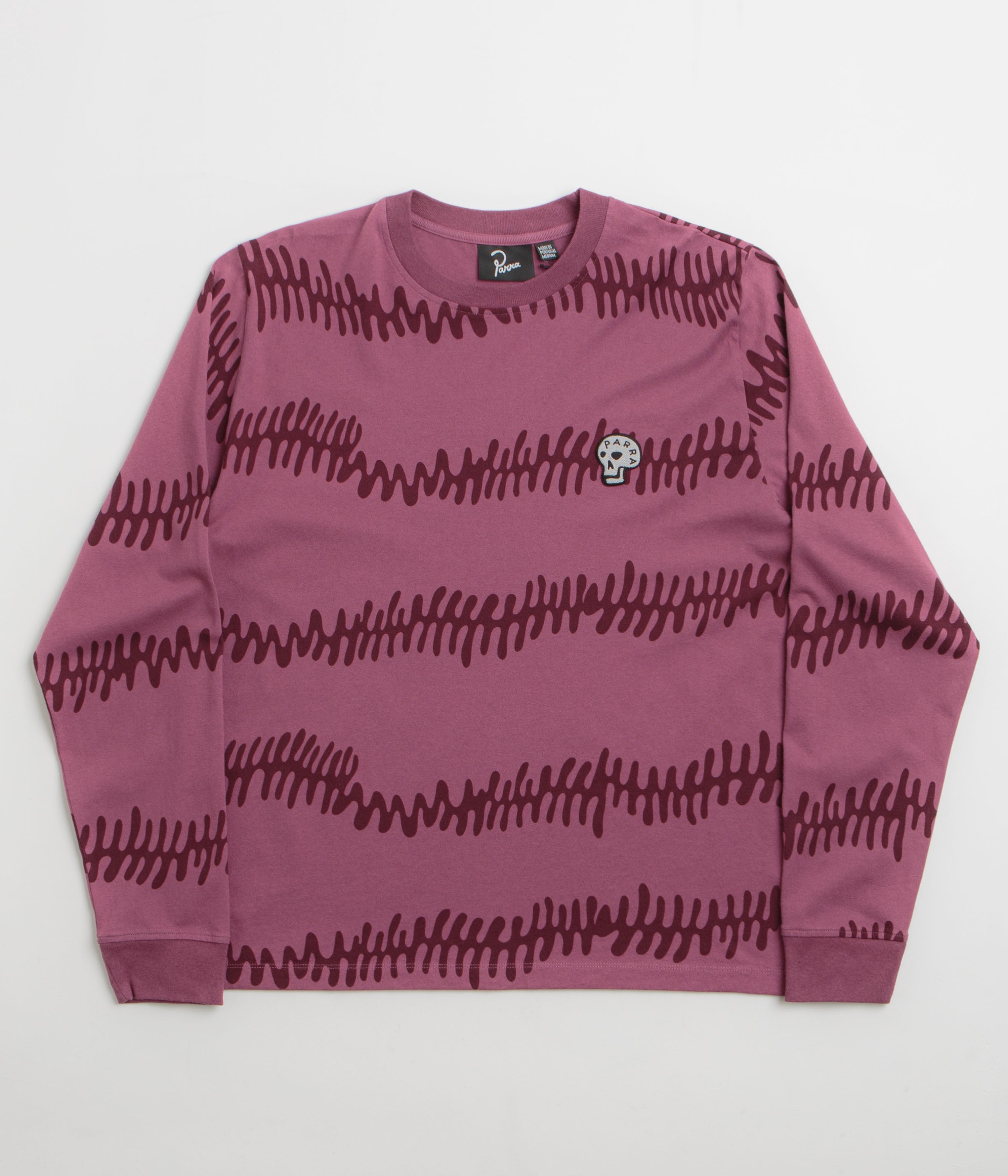 Parra Stitched Skull Graphic Long Sleeve T-Shirt for Men | Washed Magenta Cotton Tee | Streetwear Fashion & Casual Wear