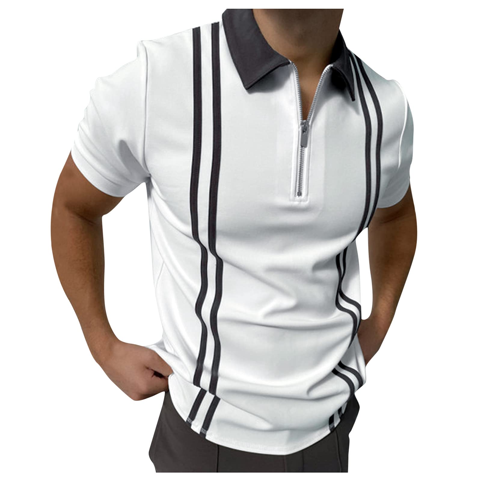 BEUU Men's Slim Fit Striped Short Sleeve Polo Shirt - Business Casual Workwear for Office & Outdoor - Breathable Summer & Fall Zipper T-Shirt for Business Meetings, Golf & Casual Outings