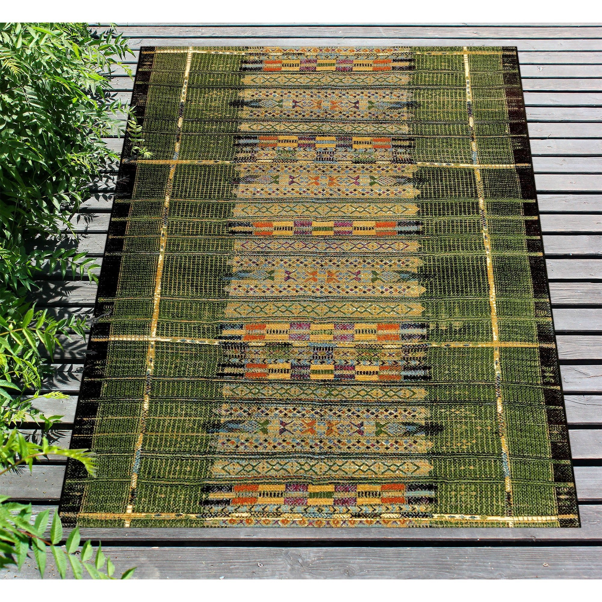 Liora Manne Marina Tribal Stripe Area Rug - Green Indoor Outdoor Bohemian Decor for Living Room, Bedroom, Patio & Balcony