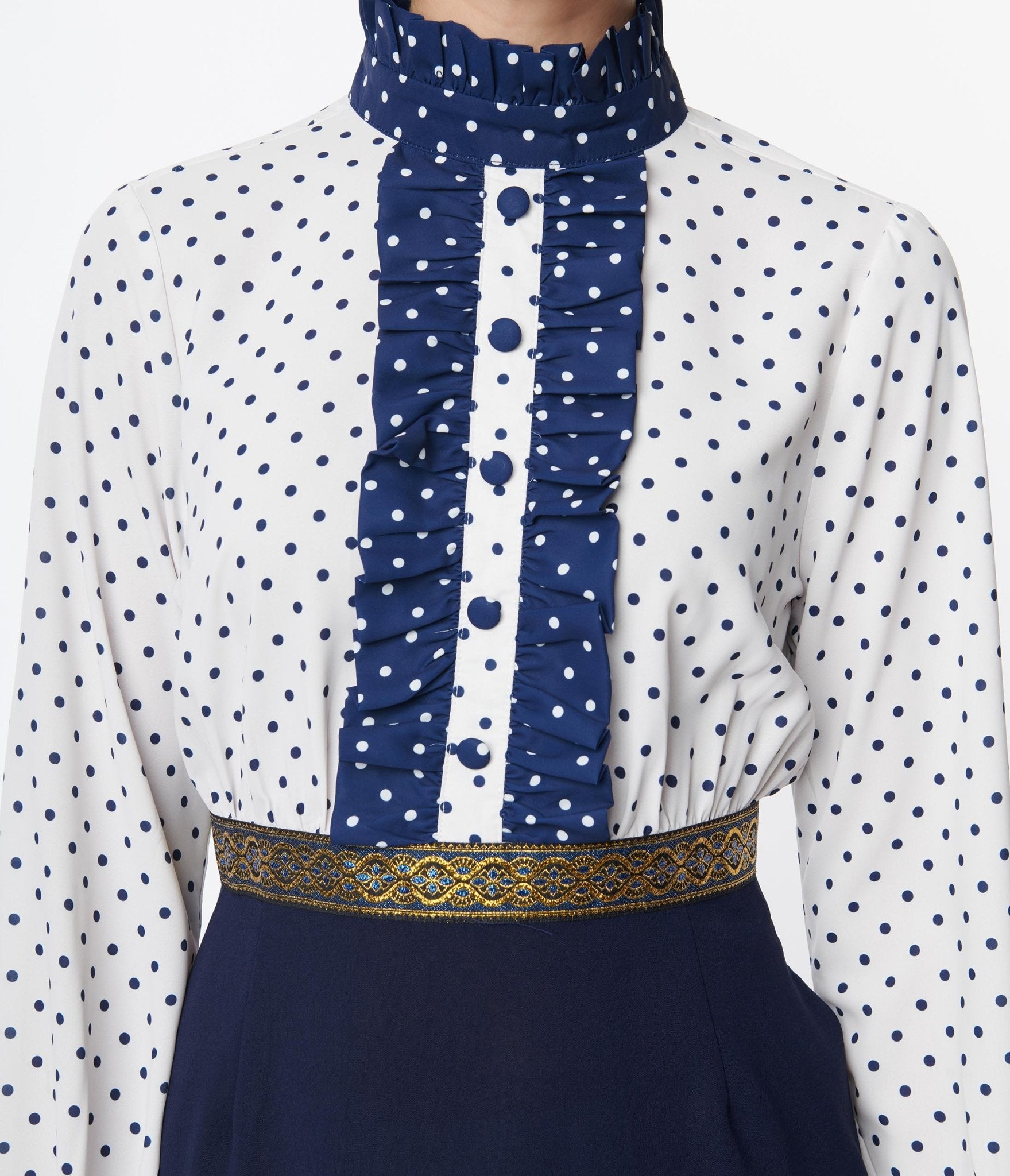 Smak Parlour White & Navy Ruffle Neck Empire A-Line Dress for Women | Elegant Summer Cocktail Party & Wedding Guest Outfit