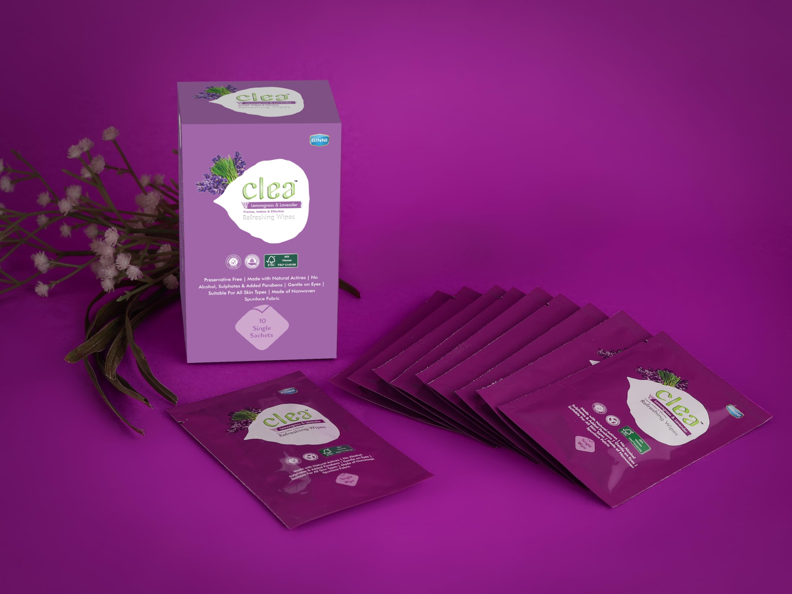 Cleansing Lemongrass & Lavender Facial Wipes - Detoxifying, Blemish-Reducing, Soothing & Calming for Sensitive Skin | Anti-Inflammatory Face Wipes | 10 Packs (8 Wipes/Pack, 150x140mm) | Perfect for Travel, Gym & On-the-Go Skincare