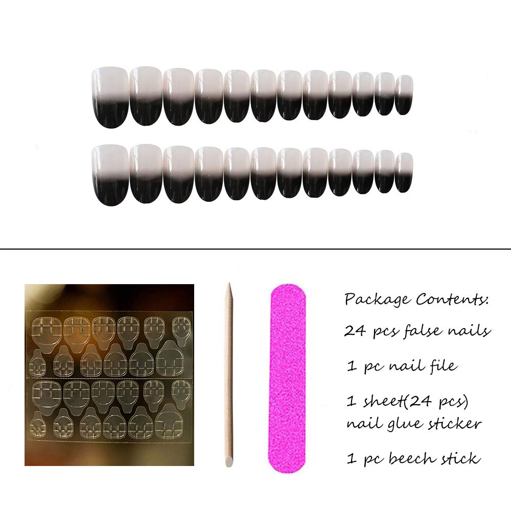 Aimimier 24Pcs Ombre False Nails - Short Round Gradient Glossy Fake Nails with Glue & Stickers - Full Cover Salon Press On Nails for Women & Girls (Black) - Perfect for Parties, Weddings & Daily Wear