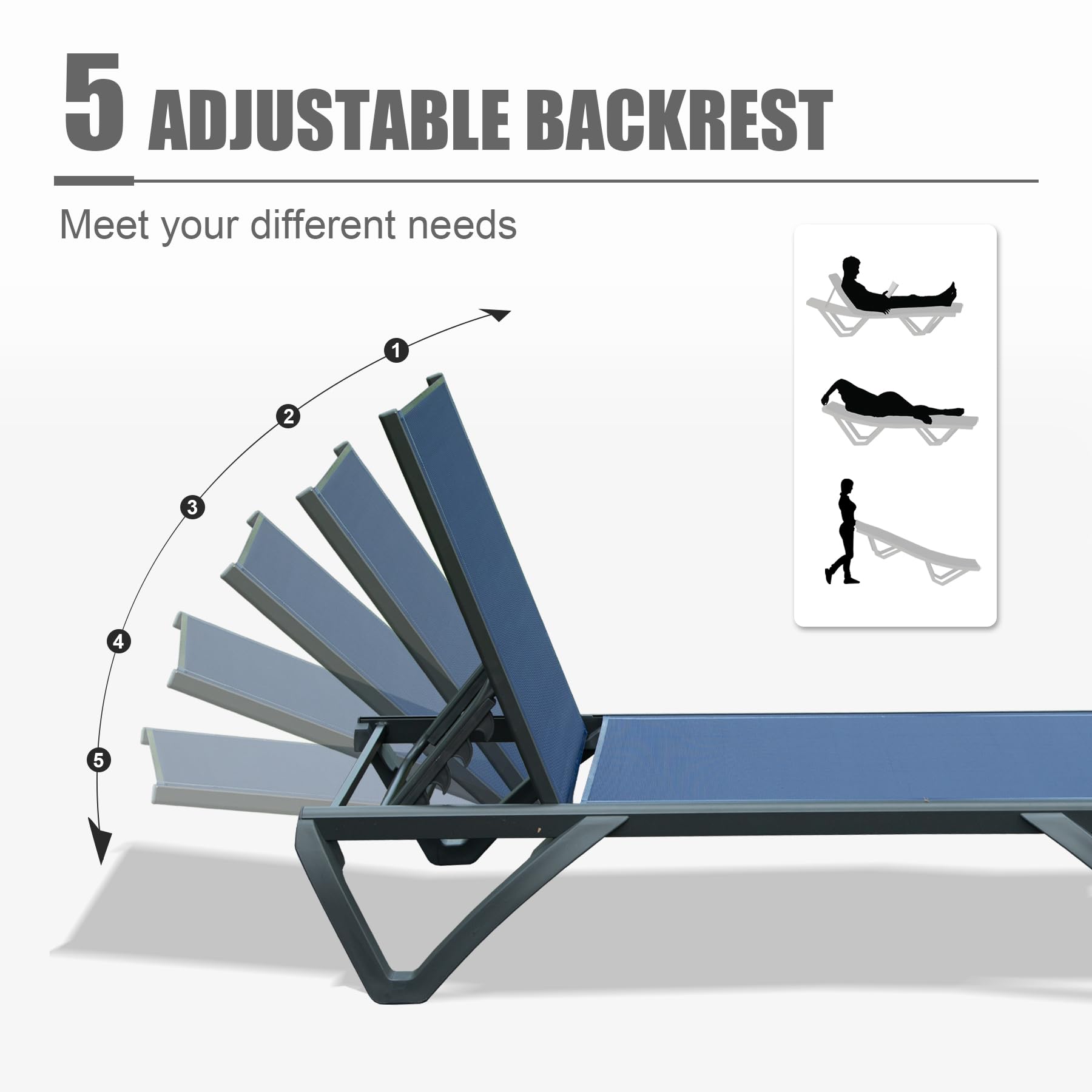 **Domi Outdoor Lounge Chair Set of 2 - Adjustable Aluminum Patio Chaise Lounge with Wheels, 5-Position Reclining Backrest, All-Weather Navy Blue - Perfect for Poolside, Garden, or Backyard Relaxation**