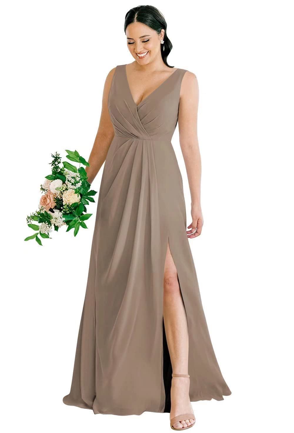 Elegant SMORBRID Women's V-Neck Chiffon Bridesmaid Dress - Long Pleated Formal Gown with Side Slit for Weddings, Parties & Special Occasions