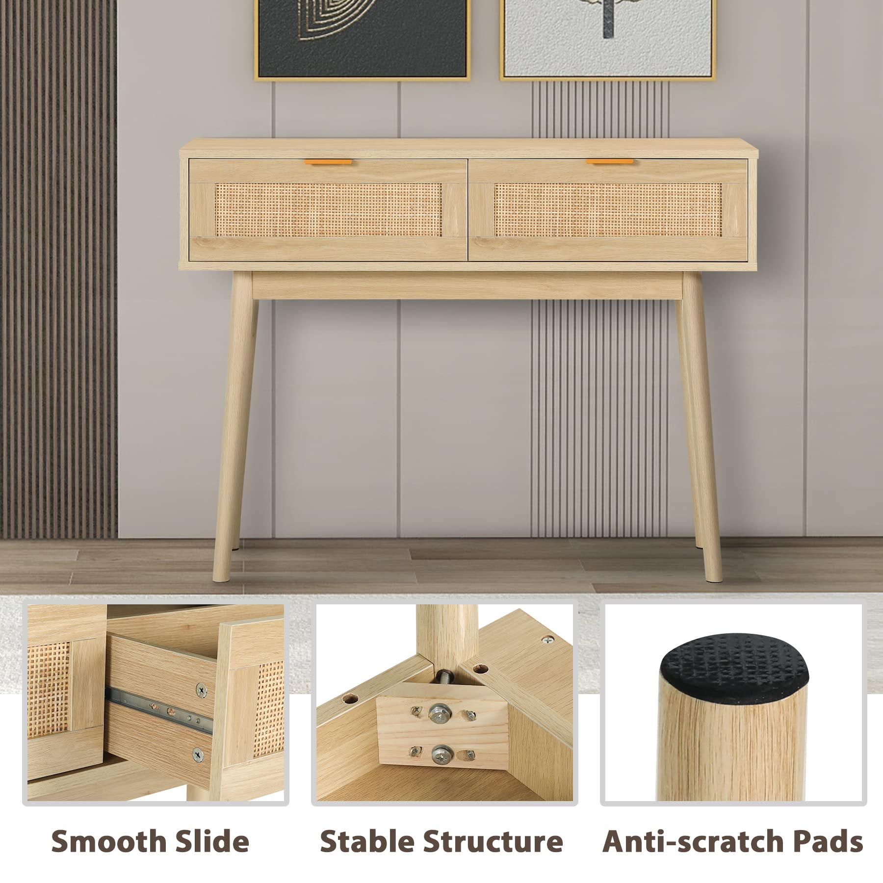 Rattan Console Table with 2 Drawers - Narrow Entryway Sofa Table with Storage for Hallway, Living Room & Bedroom - Natural Wood Accent Furniture for Behind Couch & Small Spaces