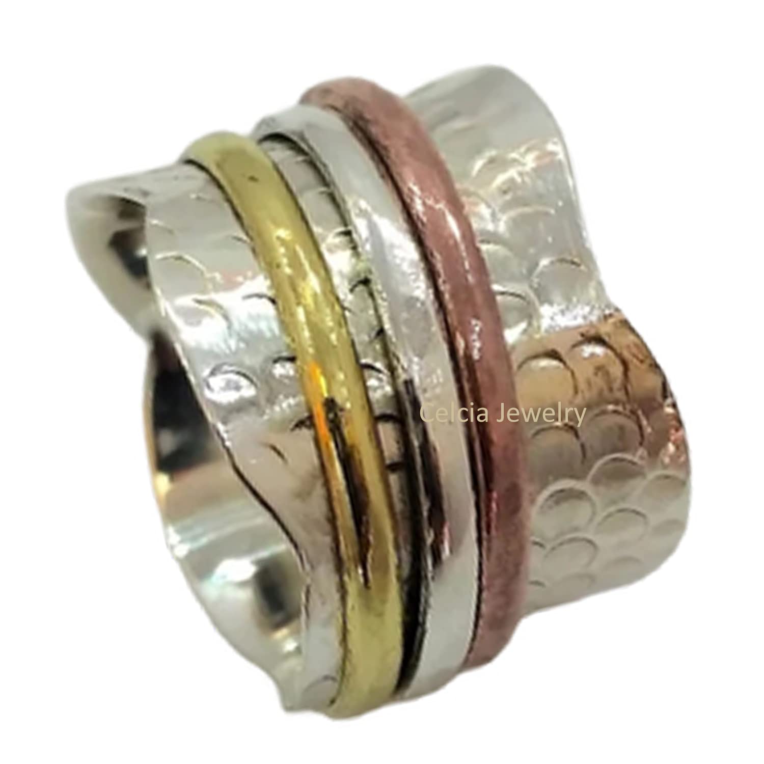 925 Sterling Silver Spinning Band Ring for Anxiety Relief - Unisex Fidget Ring for Meditation & Stress Relief - Three-Tone Spinner Worry Ring - Perfect Mothers Day Gift (Size 7) - Ideal for Office, Travel & Daily Relaxation