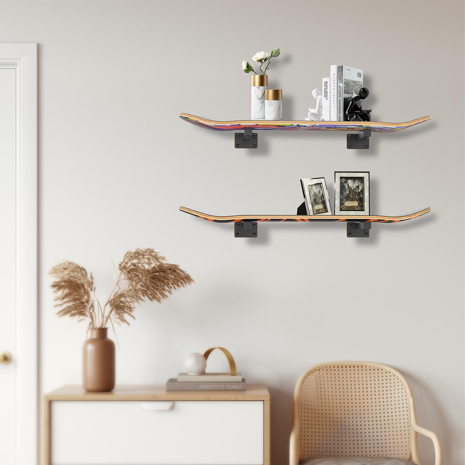 4 Pack Snowboard Wall Mount - Heavy Duty Snowboard & Skateboard Storage Rack with Floating Shelves - Perfect for Garage, Bedroom, or Sports Gear Display (Black) - Ideal for Organizing Snowboards, Skateboards, and Longboards