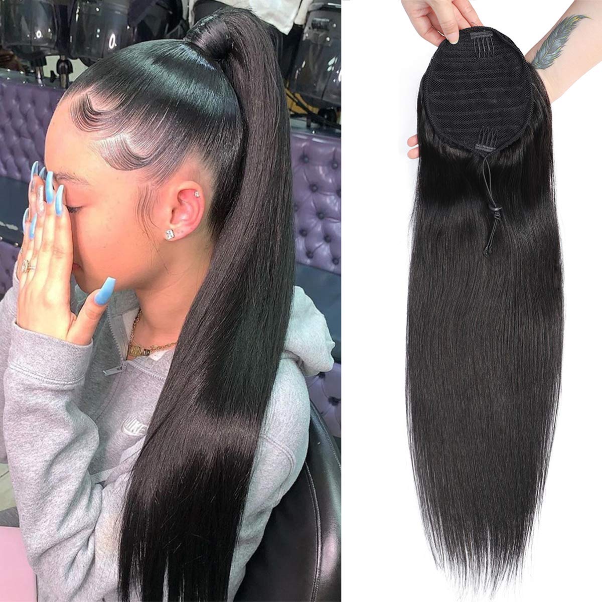 Brazilian Virgin Human Hair Ponytail Extension 22 Inch Straight - Clip In Drawstring Ponytail for Afro Hair - Perfect for Daily Wear, Parties & Protective Styles