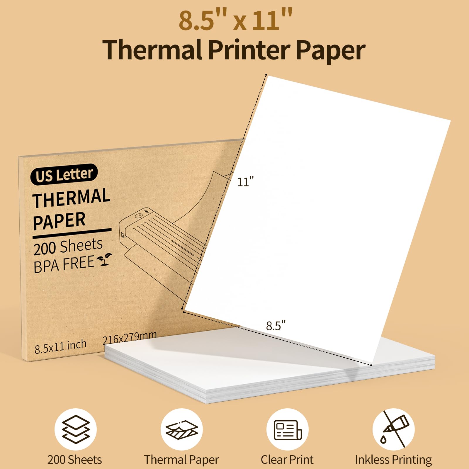 8.5 x 11 Thermal Printer Paper - 200 Sheets US Letter Size Thermal Paper for Homework, Contracts & Invoices | Compatible with JADENS/Itari/M08F/A40 Portable Printers | Perfect for Office, School & Home Use