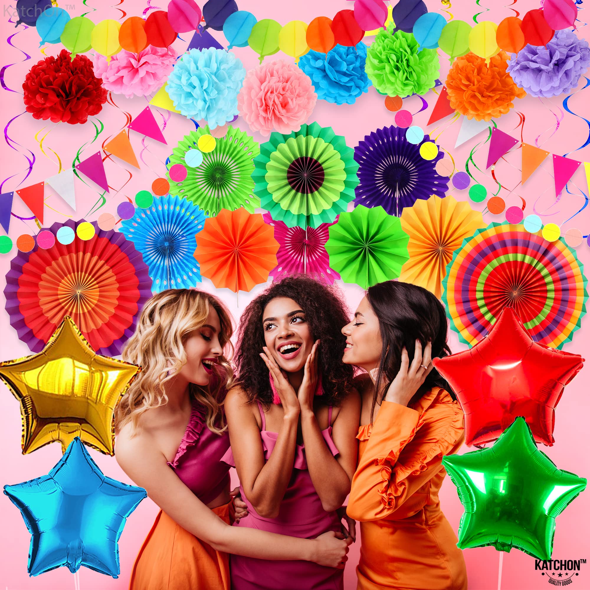 KatchOn Fiesta Party Decorations Set - 37-Piece Mexican Themed Party Supplies Kit with Paper Fans, Banner, Pom Poms, Foil Star Balloons & Swirls | Perfect for Cinco de Mayo, Birthday, and Themed Party Decorations