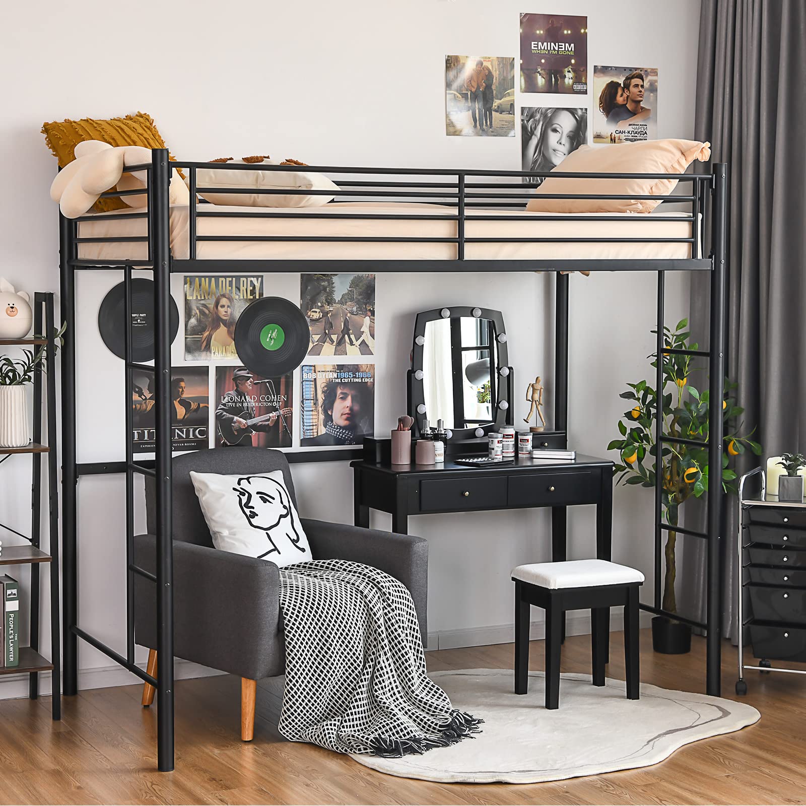 Giantex Heavy Duty Metal Loft Bed Twin Size with 2 Ladders, Twin Over Loft Bunk Bed Frame with Full-Length Safety Guard - Space Saving Bed for Kids, Teens & Adults - No Box Spring Needed (Black) | Perfect for Small Bedrooms, Dorms, Apartments & Guest Rooms