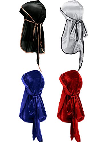 Tatuo 2-Pack Velvet & Silky Soft Durag Caps for Men - Long Tail, Wide Straps for 360 Waves (Black/Silver/Blue/Red) | Perfect for Hair Protection, Sleep & Style