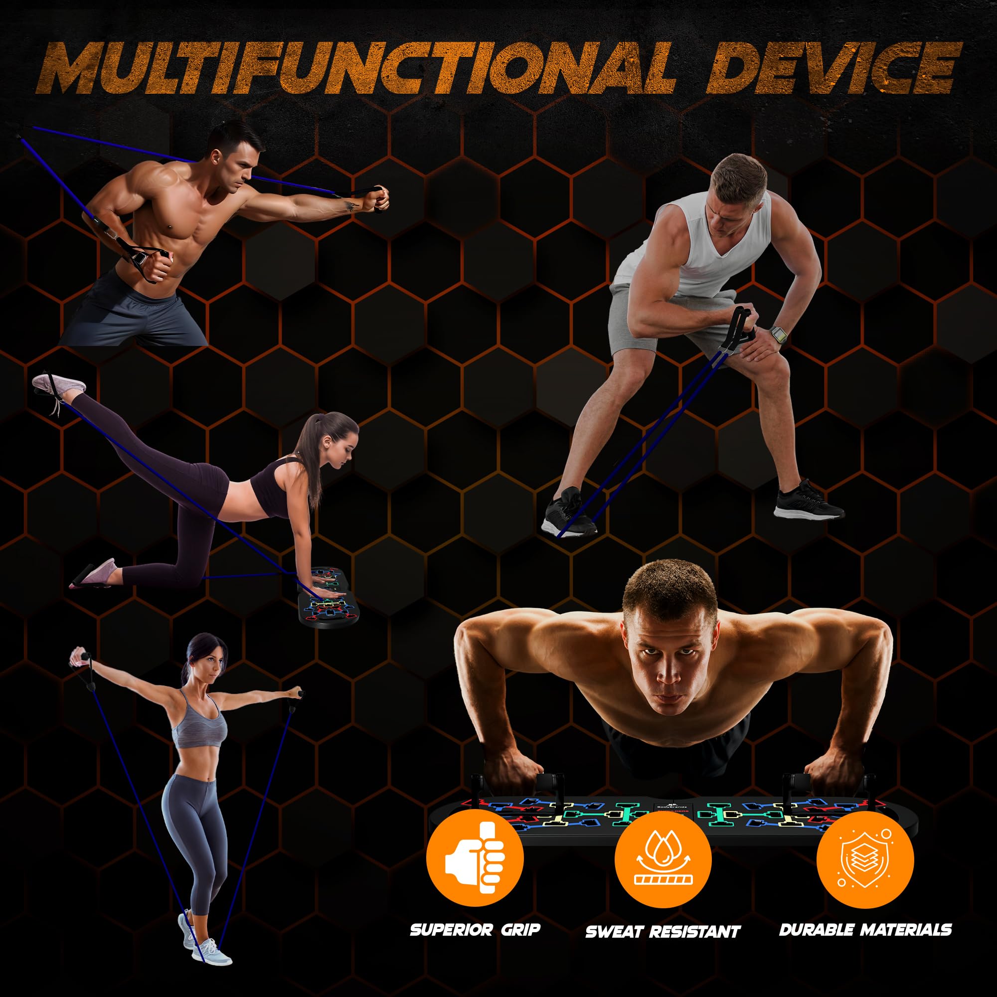Push Up Board with Resistance Bands - Adjustable Pushup Exercise Equipment for Strength Training & Full-Body Workout - Foldable Portable Pushup Handles for Home Gym, Travel & Outdoor Fitness - Perfect for Beginners, Athletes & Home Workouts
