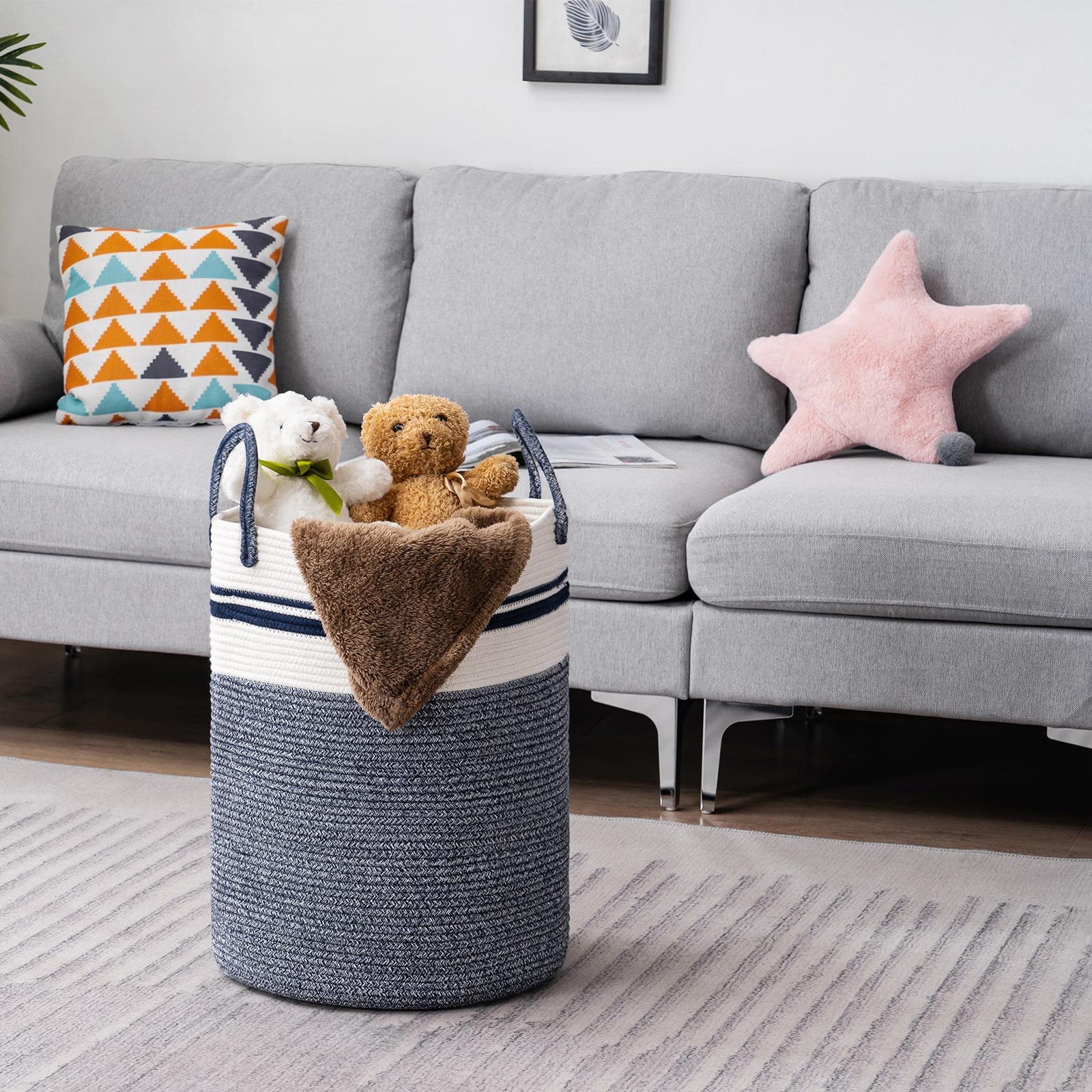 Large 72L Woven Rope Laundry Hamper Basket - Tall Nursery Storage Basket for Baby Blankets, Clothes & Toys | Perfect for Bedroom, Nursery, Bathroom & Dorm Organization (Blue)