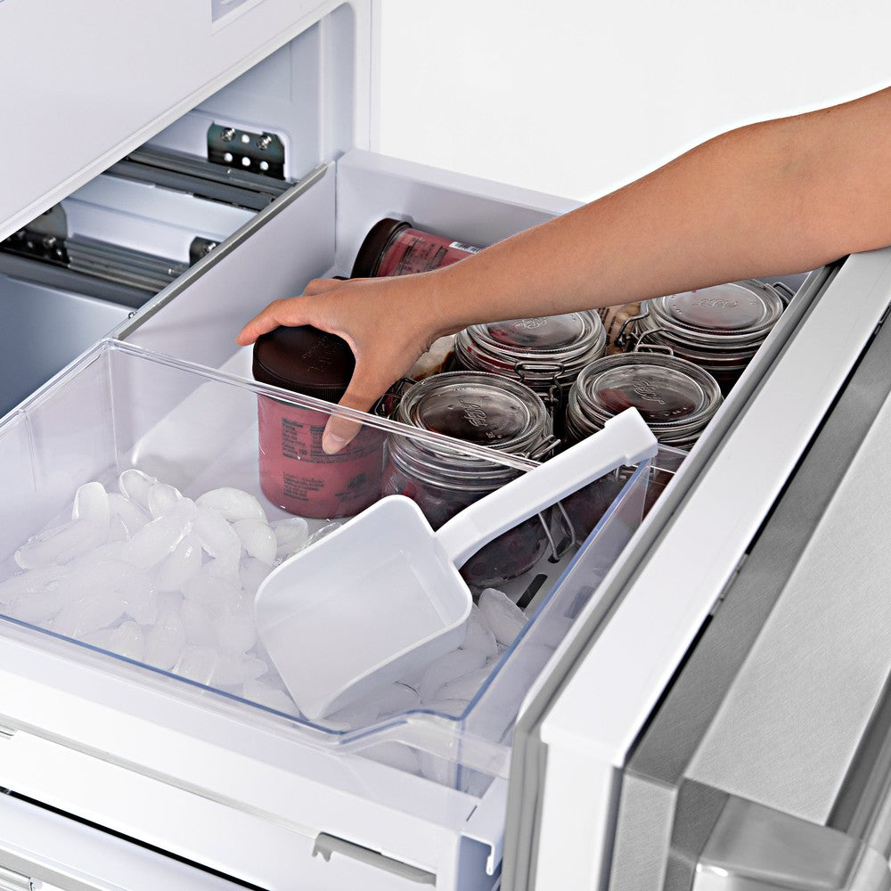 ZLINE Autograph Edition 30-Inch Built-In Bottom Freezer Refrigerator - 16.1 cu. ft. Capacity, Water Dispenser & Ice Maker - Satin Stainless Steel with Polished Gold Accents (RBIVZ SN 30 G) - Perfect for Modern Kitchens & Luxury Homes