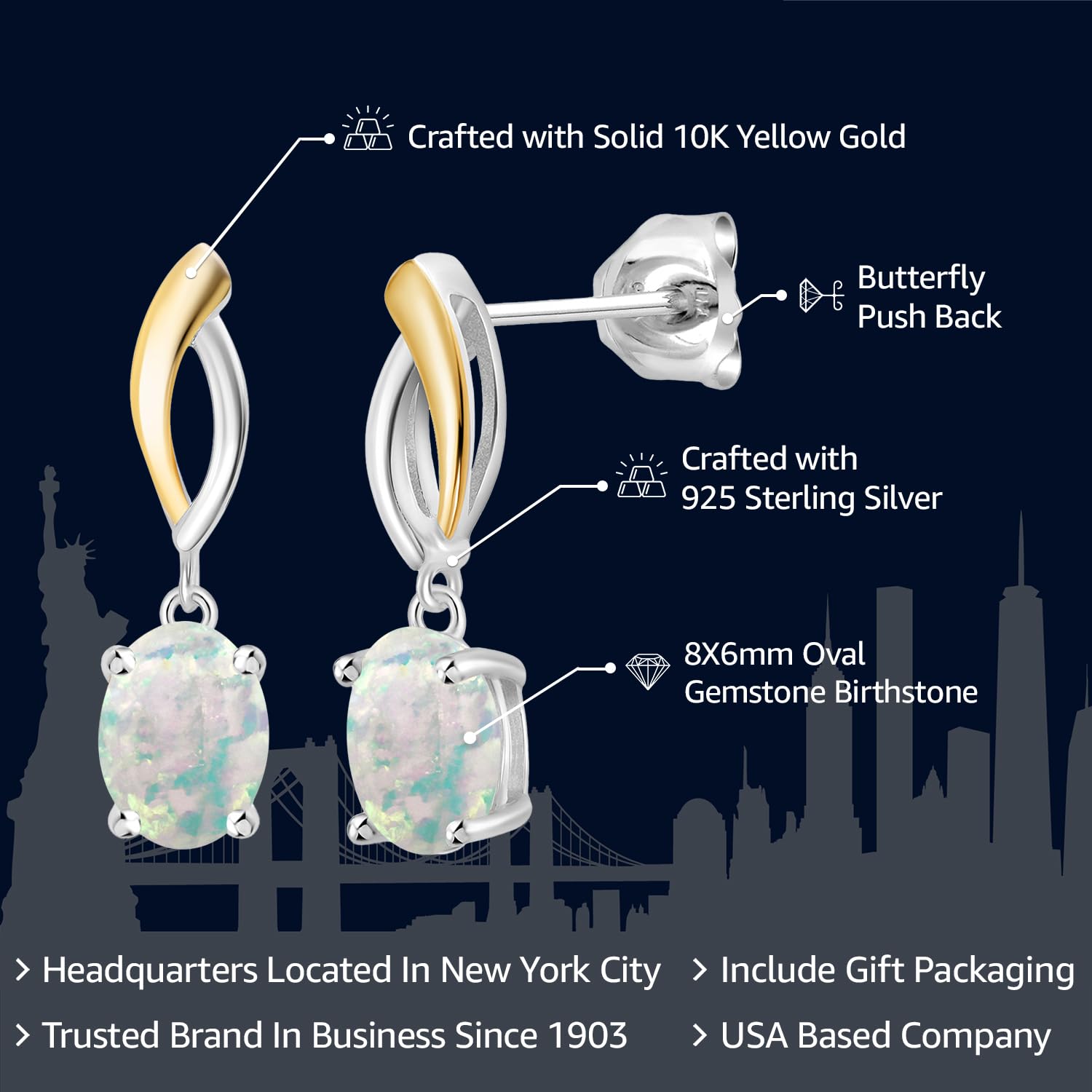 Gem Stone King Infinity Dangle Drop Earrings for Women - 925 Sterling Silver & 10K Yellow Gold - 8X6MM Oval Birthstone Jewelry - Elegant Gift for Mom, Wife, Her | Perfect for Weddings, Anniversaries & Special Occasions