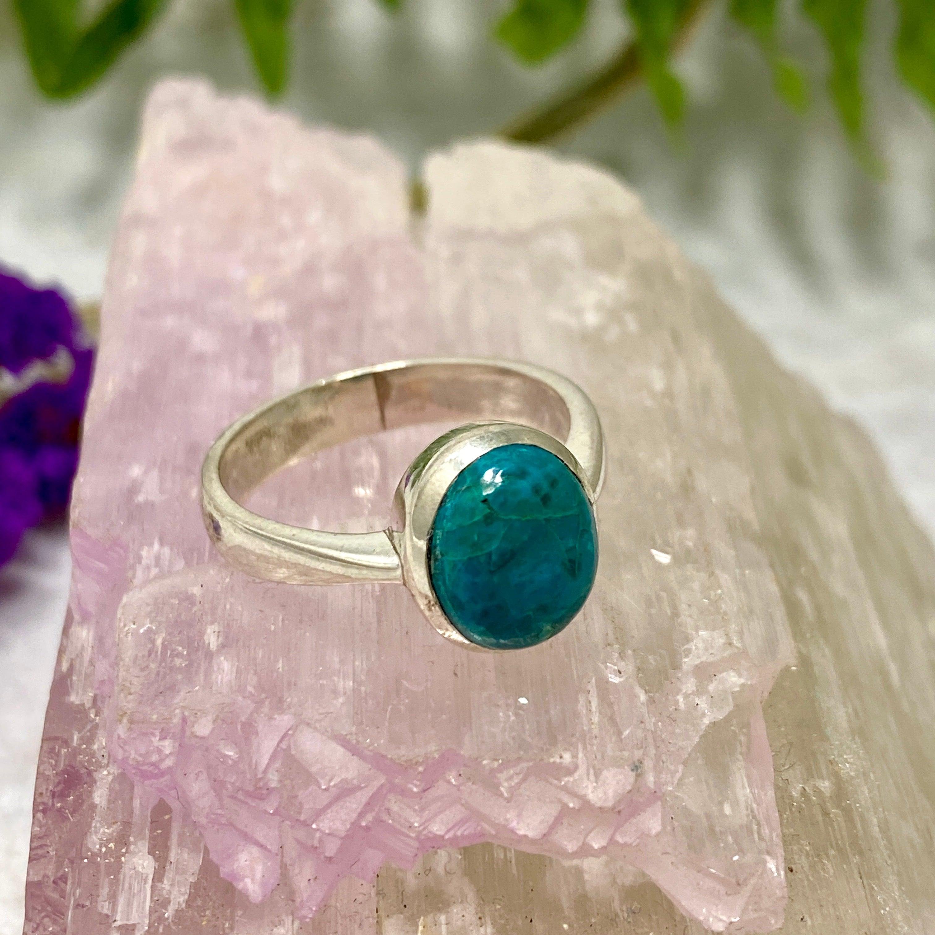 Chrysocolla Oval Ring Size 8.5 - Natural Gemstone Jewelry for Women, Handmade Sterling Silver Band, KRGJ1980 | Perfect for Boho Fashion, Gift Giving & Everyday Wear