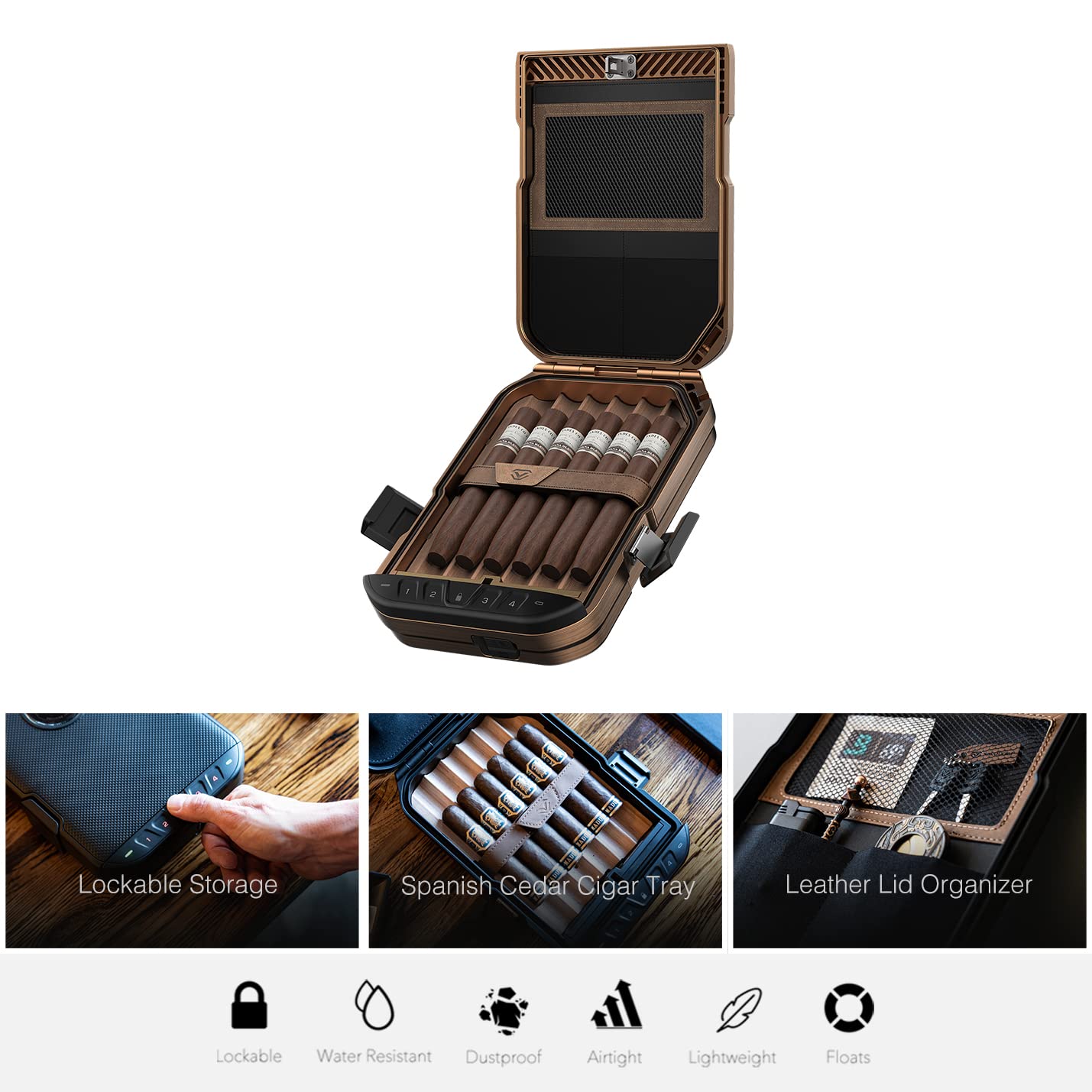 VAULTEK LifePod Humidor Cigar Lock Box - Waterproof Travel Case with Electronic Keypad | Portable Cigar Storage for Travel, Camping & Outdoor Adventures (Antique Brass)