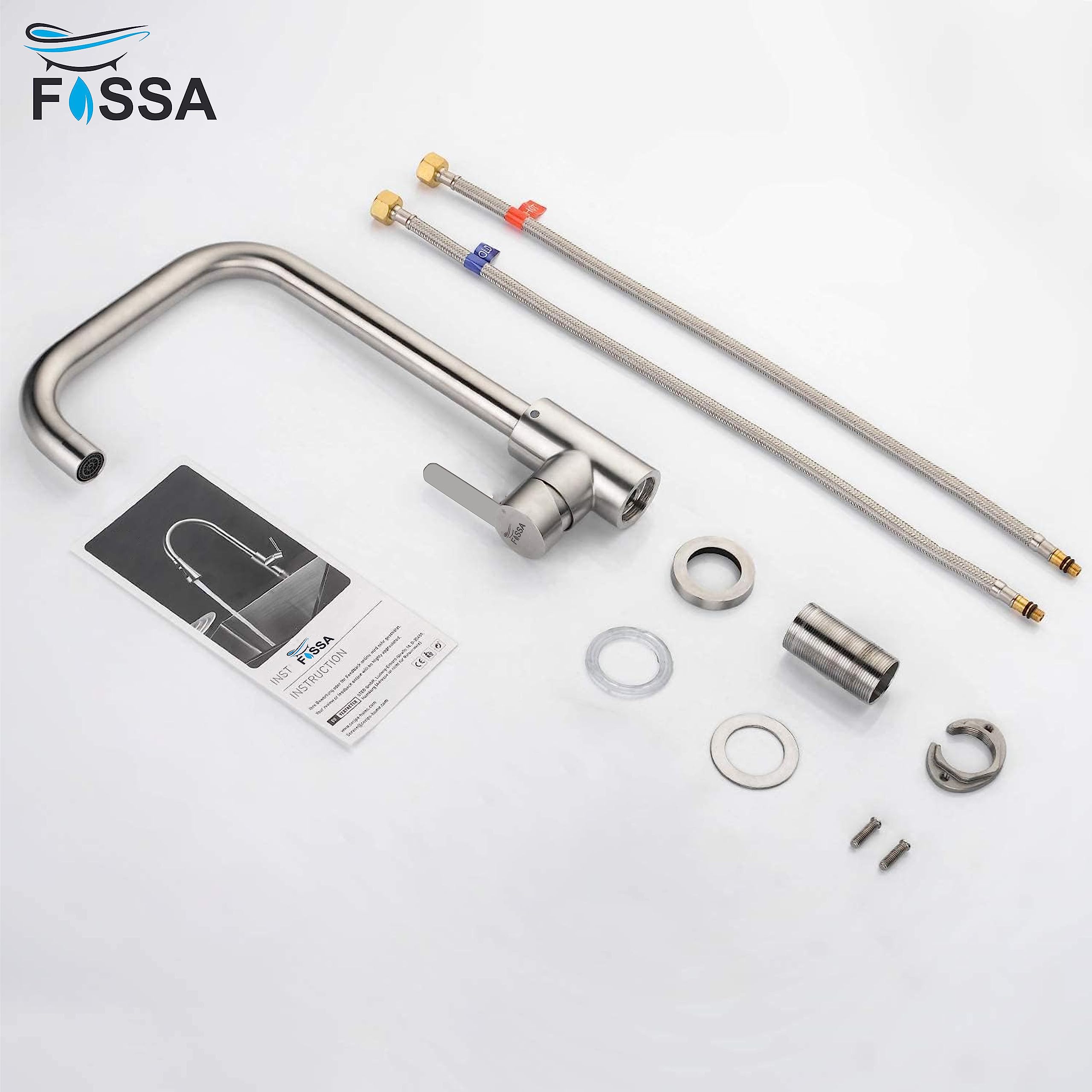 Fossa High Pressure 360° Swivel Stainless Steel Kitchen Faucet with High L Bend Spout - 257mm Silver for Modern Kitchens
