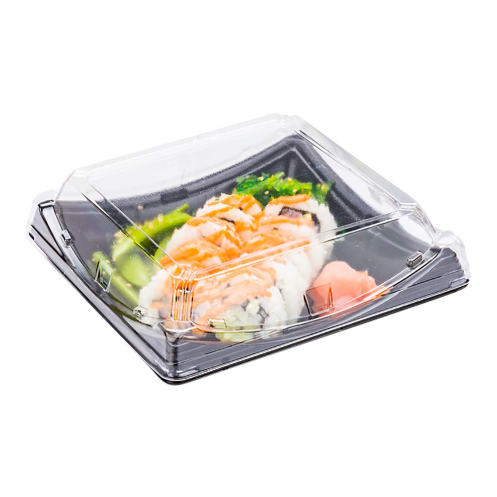 Restaurantware Roku 7.25 Inch Disposable Sushi Trays with Lids - 100-Pack Black Square Plastic Takeout Containers for Appetizers, Entrees & Desserts | Perfect for Japanese Restaurants, Catering & Party Platters