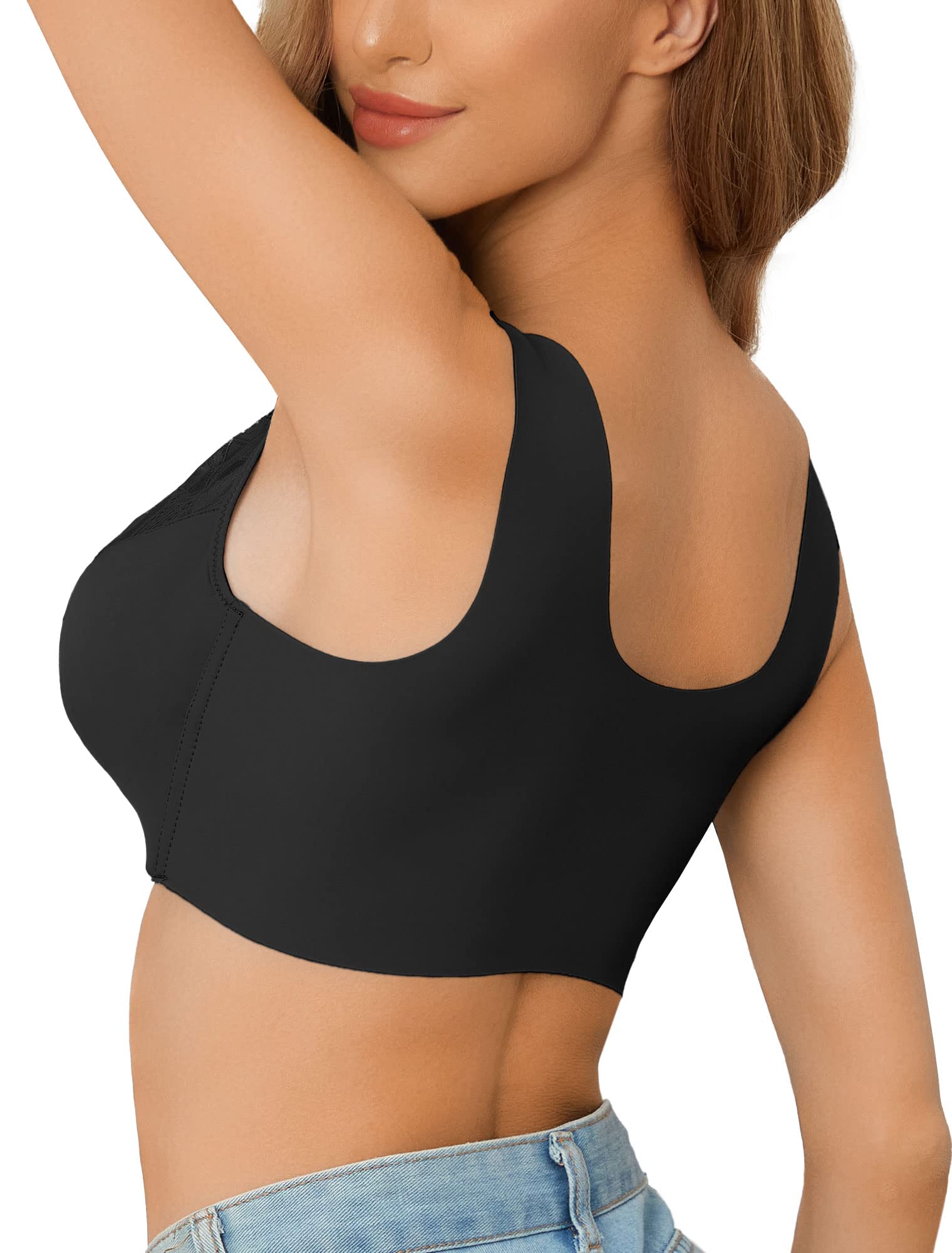 Front Closure Lace Bras for Women - Posture Support, Smooth Back, Wirefree & Seamless Comfort - Perfect for Everyday Wear, Yoga, and Workouts