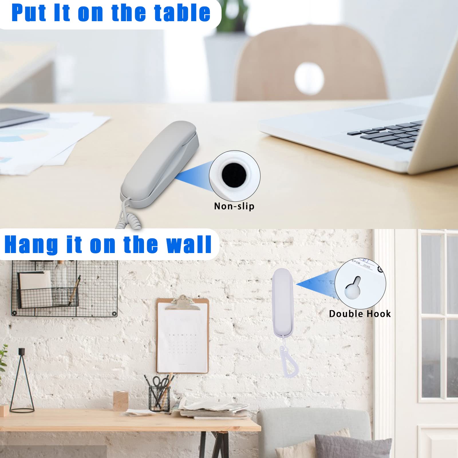 Sangyn Mini Corded Landline Phone with Lighted Keypad - Wall Mountable Desk Telephone for Home, Office & Kitchen - No AC Power Required - Ideal for Elderly & Emergency Use