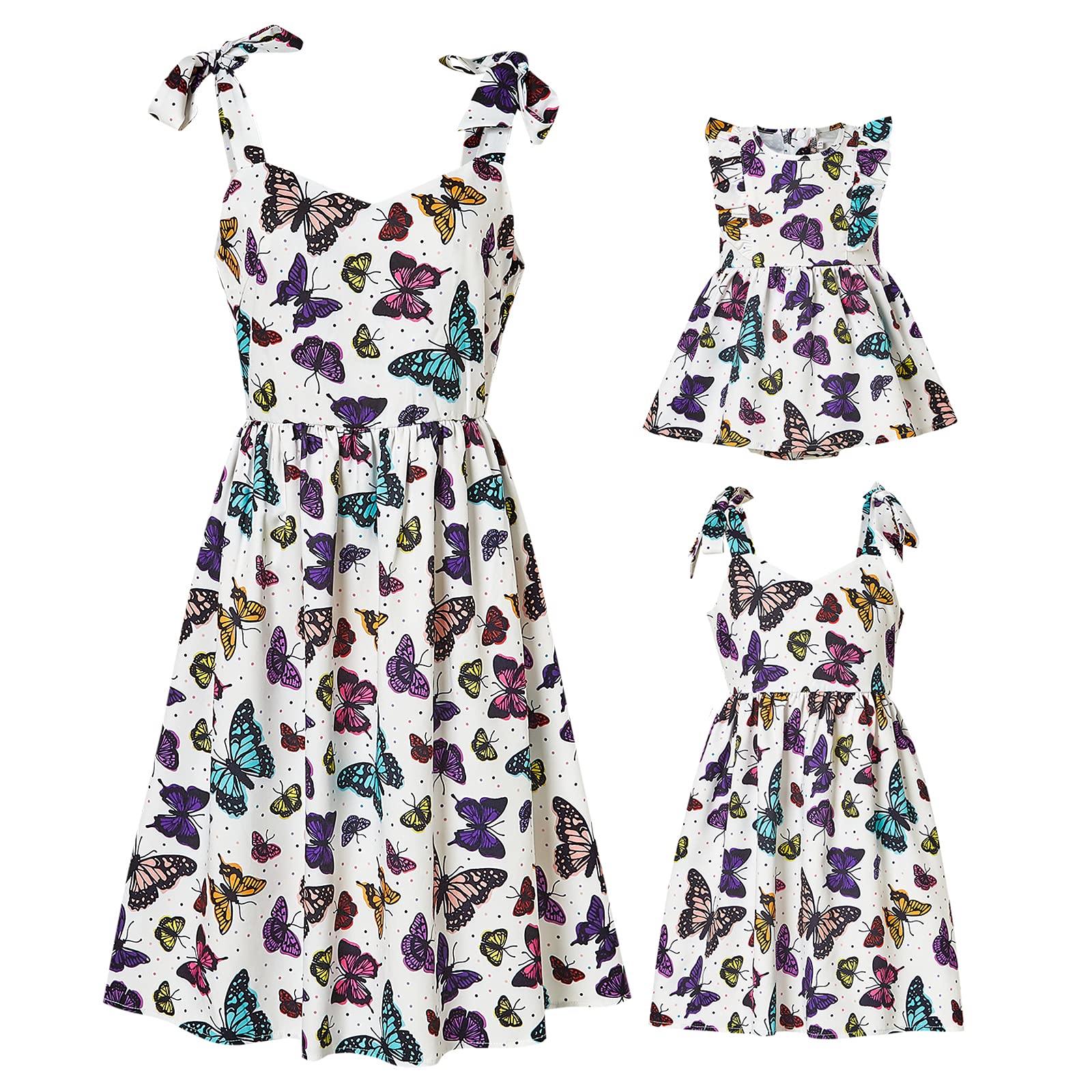 PopReal Mommy and Me Floral Printed Dresses - Shoulder Straps Bowknot Chiffon Sleeveless Matching Outfits for Mother Daughter Photos, Family Events & Summer Vacations