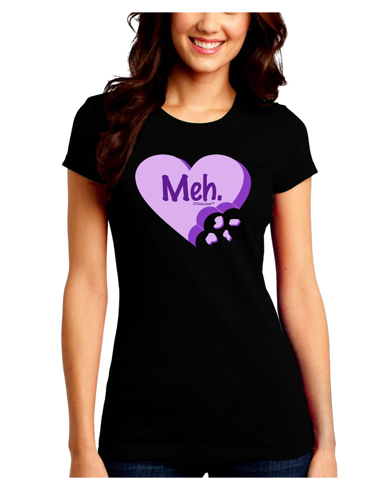 TooLoud Meh Candy Heart Purple Junior's Crew Neck Dark T-Shirt | Valentine's Day Gift for Teens | Casual Wear & Party Outfit
