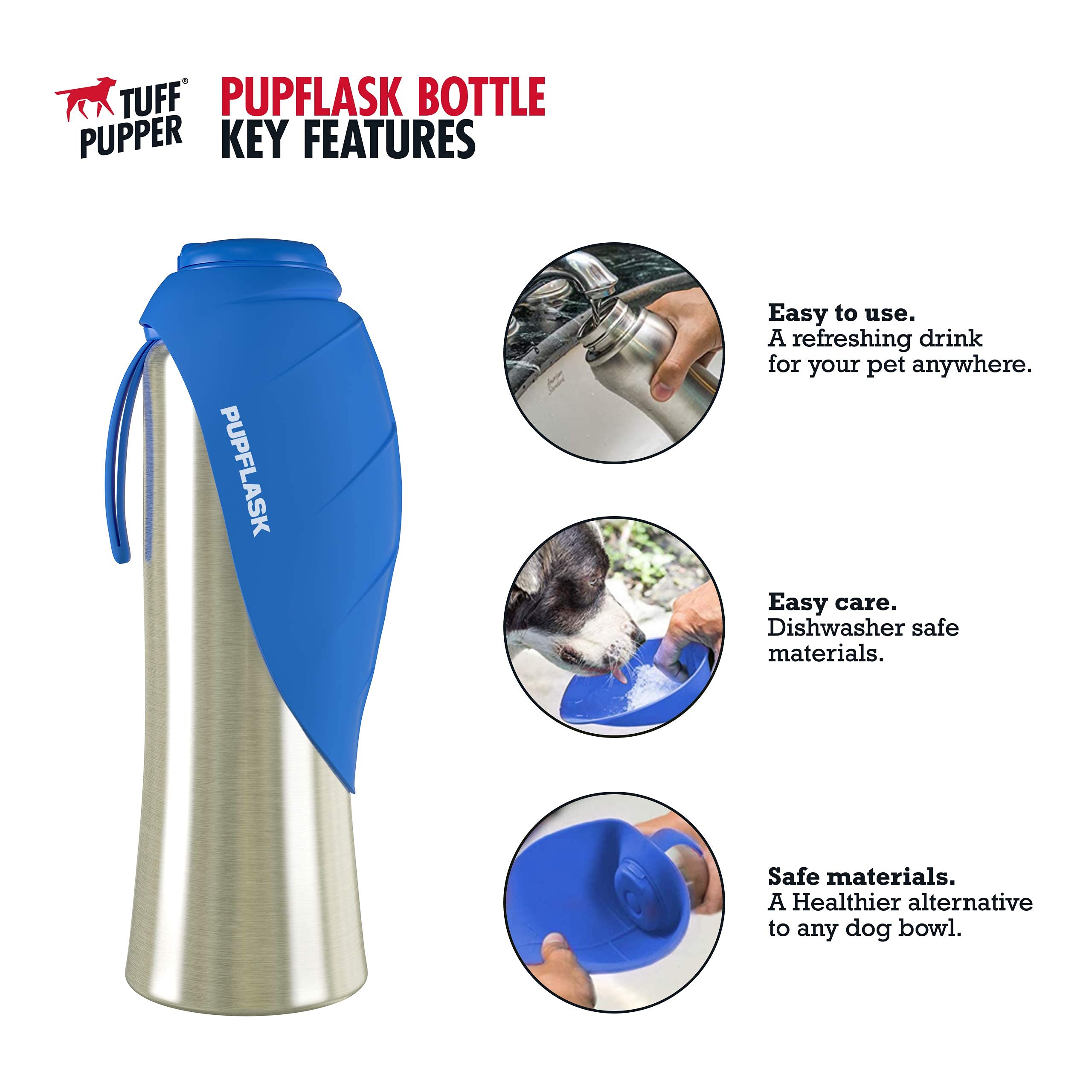 Tuff Pupper 40oz Dog Water Bottle Holder & PupFlask Portable Pet Water Bottle - Leakproof, BPA-Free, for Hiking, Walking, and Outdoor Adventures (Blue)