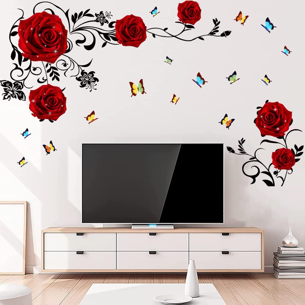 Supzone Red Rose Wall Stickers - DIY Vinyl Floral Wall Decal for Bedroom, Living Room, TV Backdrop | Elegant Rose & Peony Flower Vine Mural Art | Perfect for Home Decor, Wedding, Nursery & Office Wall Decoration