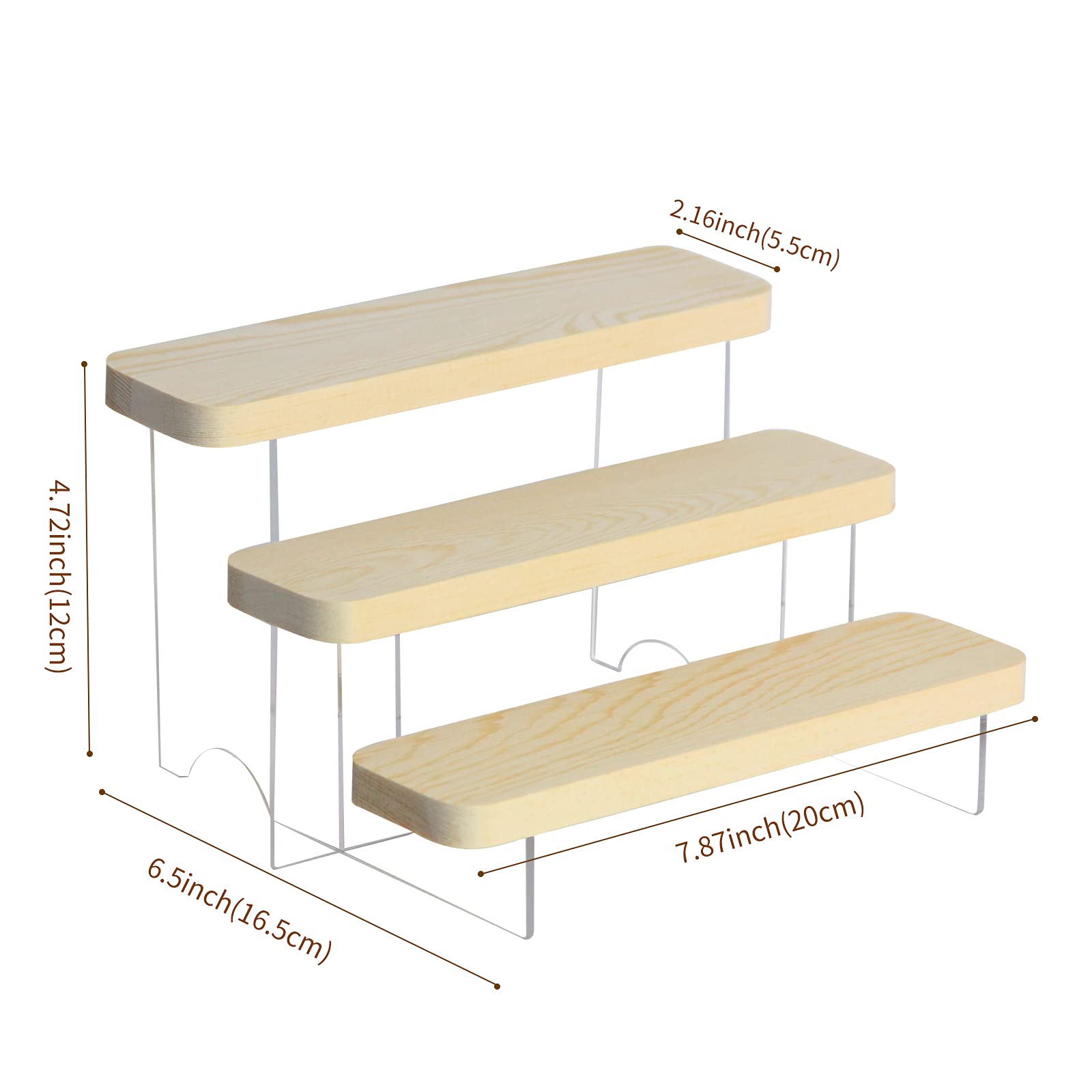 Acrylic Figure Display Stand & Wood Tiered Shelf Organizer for Collectibles - 3-Tier 7.87 Inch Riser - Perfect for Action Figures, Funko Pops, and Product Showcases in Retail Stores