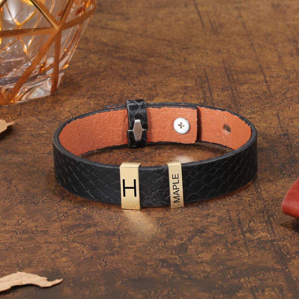 **Personalized Men's Leather Bracelet with Custom Beads - Free Engraving for 2-4 Names - Adjustable Bangle for Boyfriend, Husband, or Gift - Perfect for Anniversaries, Birthdays & Special Occasions**