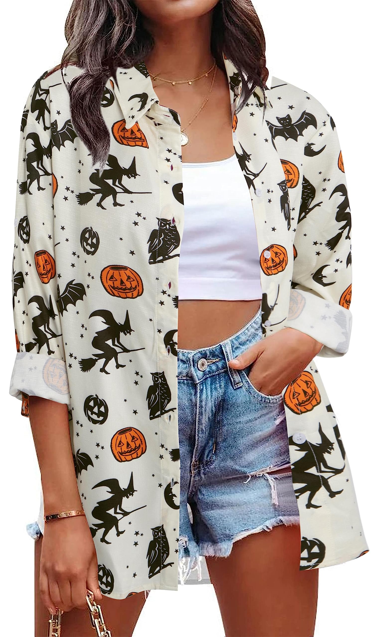 Halloween Witch Shirt for Women - Hocus Pocus Graphic Tee with Pumpkin Design | Long Sleeve Button Down Blouse for Costume Parties & Spooky Season Outfits