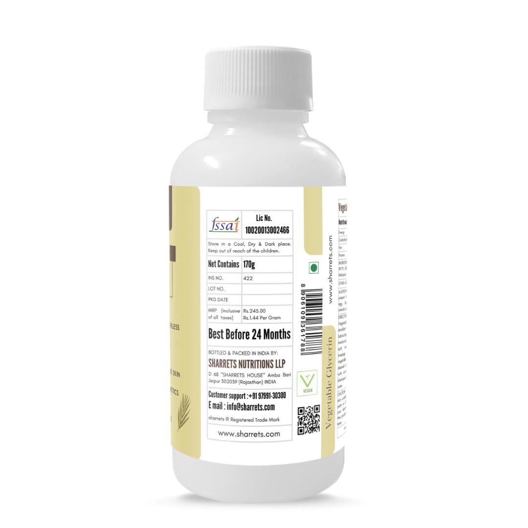 Sharrets Pure Vegetable Glycerin 170g - USP Food Grade, Edible & Vegan Liquid Glycerine for Skin Care, Baking, DIY Cosmetics & Hair Moisturizer