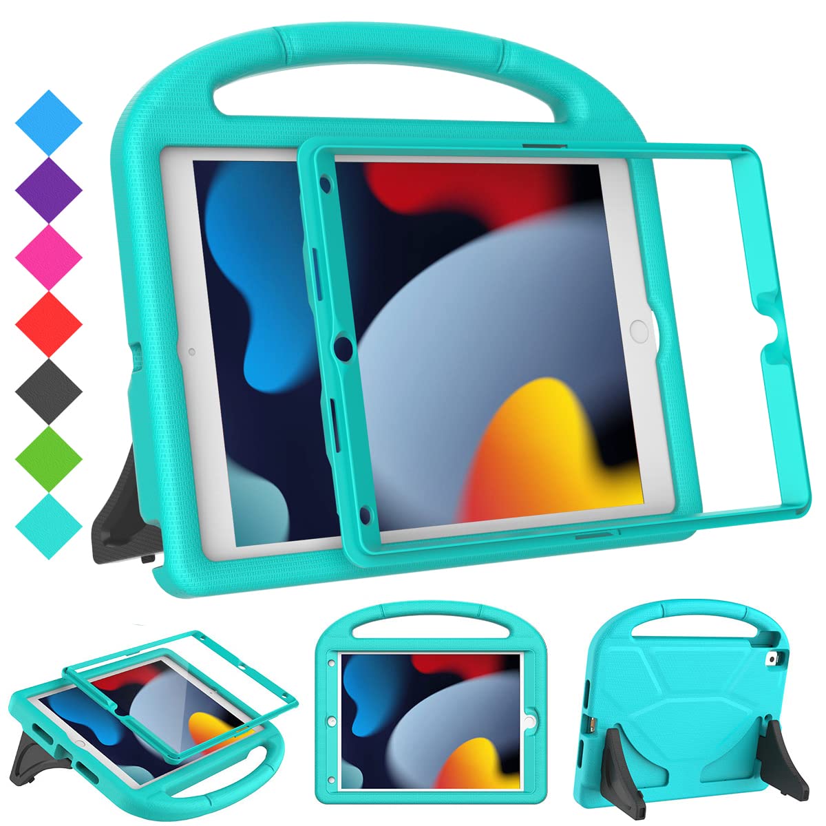 SUPLIK Shockproof Kids Case for iPad 9th/8th/7th Generation (10.2 inch 2021/2020/2019 Models) - Durable Protective Cover with Built-in Screen Protector & Adjustable Handle Stand for Apple iPad 7/8/9 Gen - Perfect for School, Travel & Home Use (Cyan)