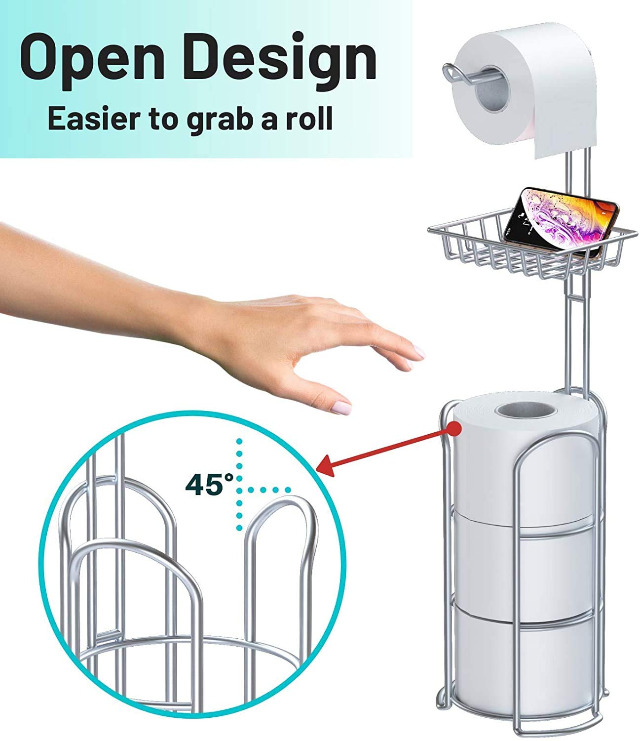 TreeLen Chrome Freestanding Toilet Paper Roll Holder with Shelf - Modern Metal Bathroom Tissue Storage Organizer for Bathroom, Kitchen, RV & Office Use