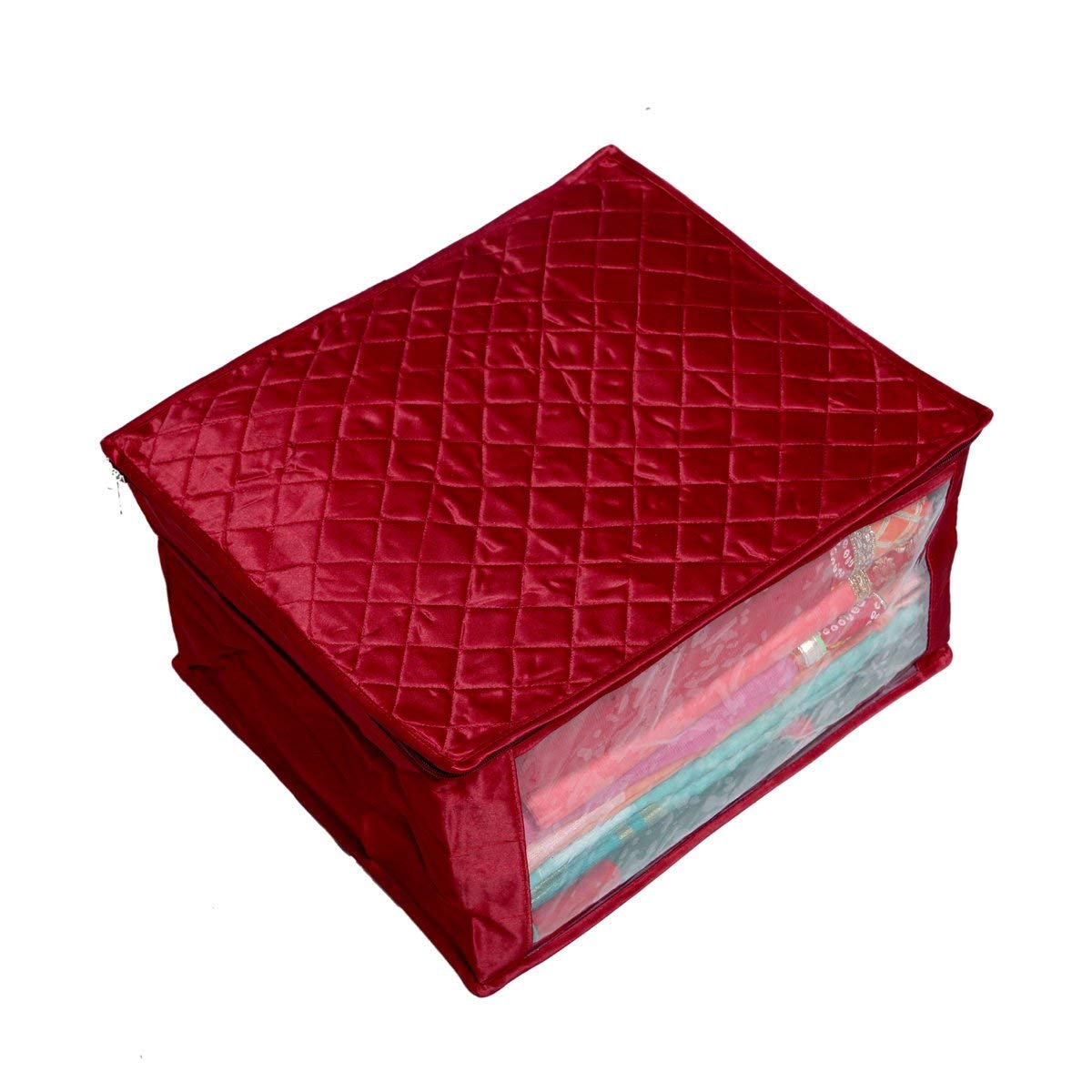 Premium Satin Fabric Foldable Garment Bag with Clear Window & Zipper Lock - Saree Blouse Cover, Wardrobe Organizer Pouch (Maroon, Pack of 1) - Perfect for Travel, Closet Storage & Bridal Outfit Protection