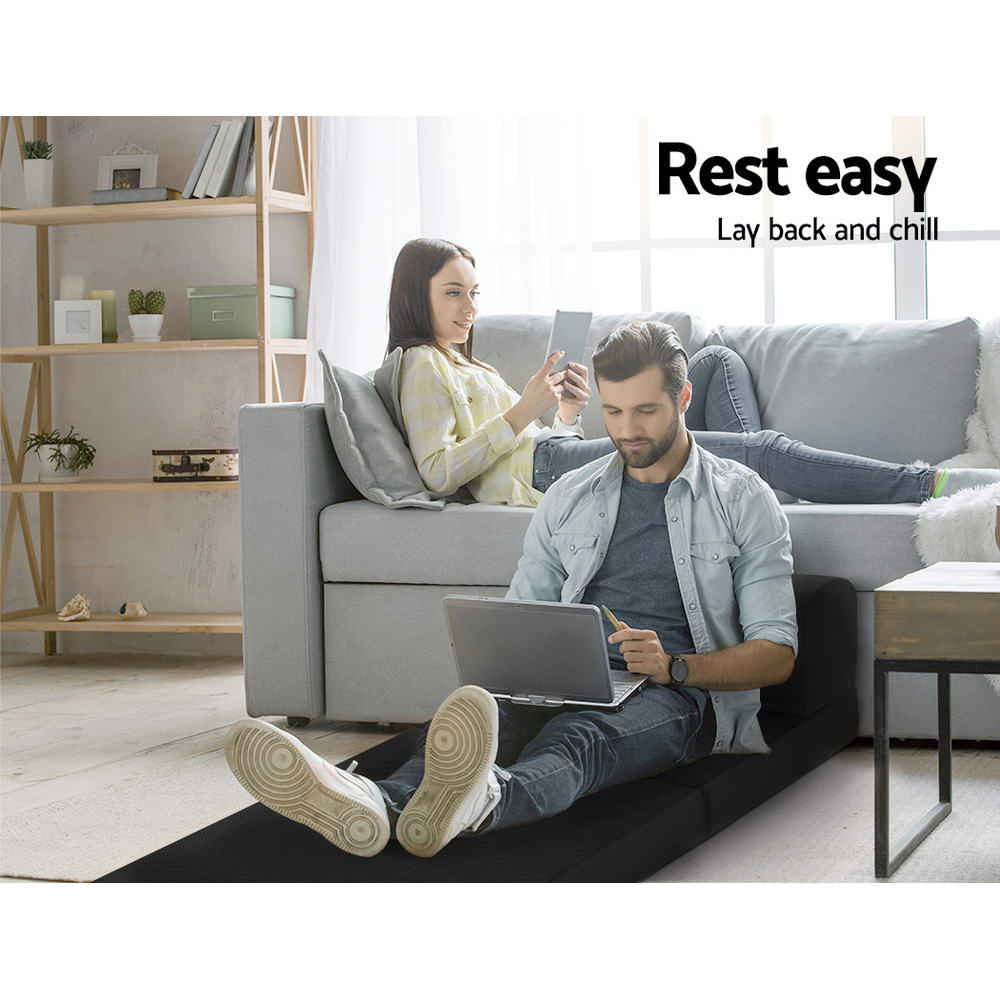 Portable Folding Foam Mattress - Single Size Sofa Bed with Air Mesh Fabric (Black) | Compact Guest Bed, Camping Mat & Space-Saving Home Solution