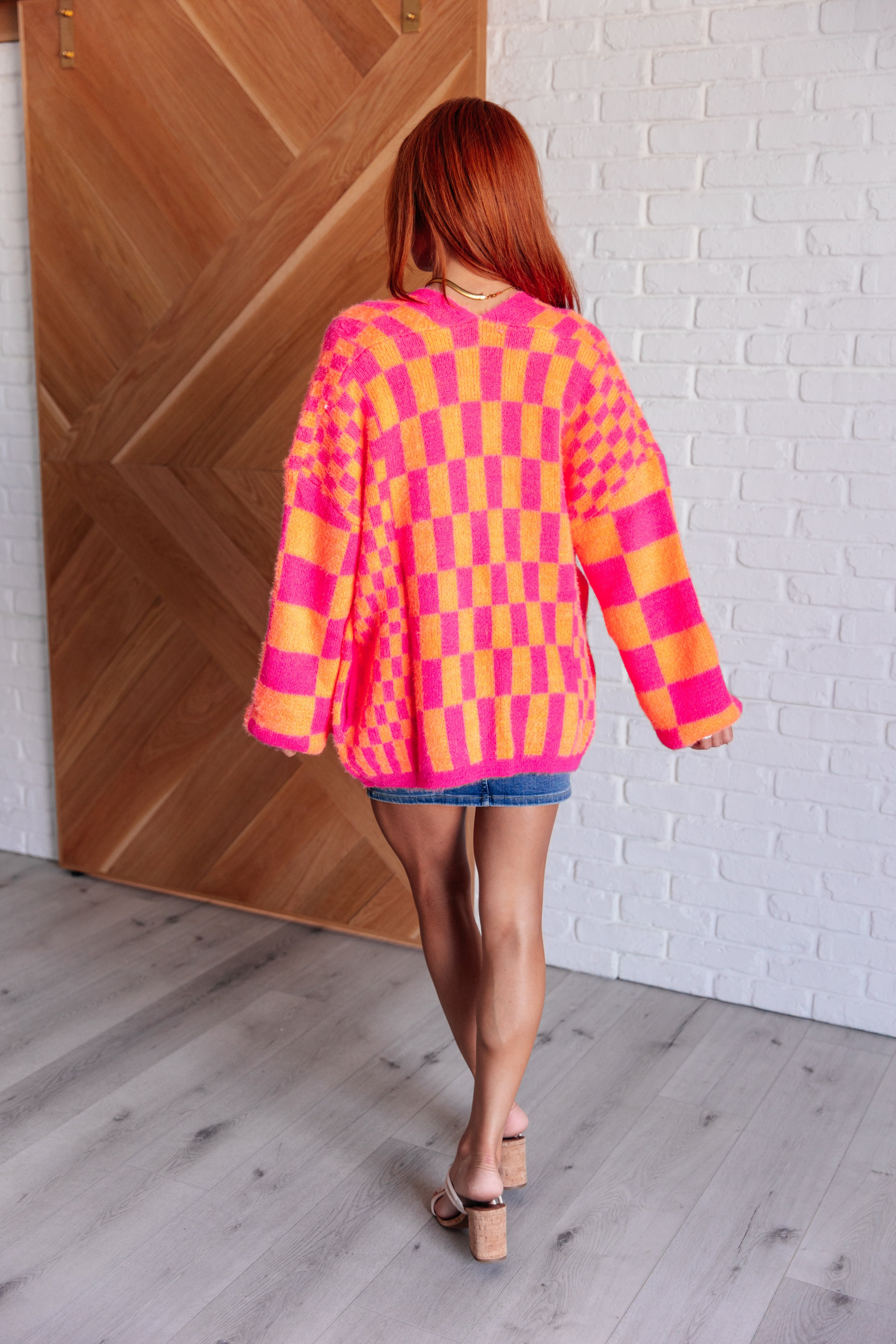 Trendy Pink and Orange Neon Checkered Cardigan for Women - Stylish Retro 90s Vintage Knit Sweater - Perfect for Casual Outfits, Streetwear Fashion, and Instagram Photos