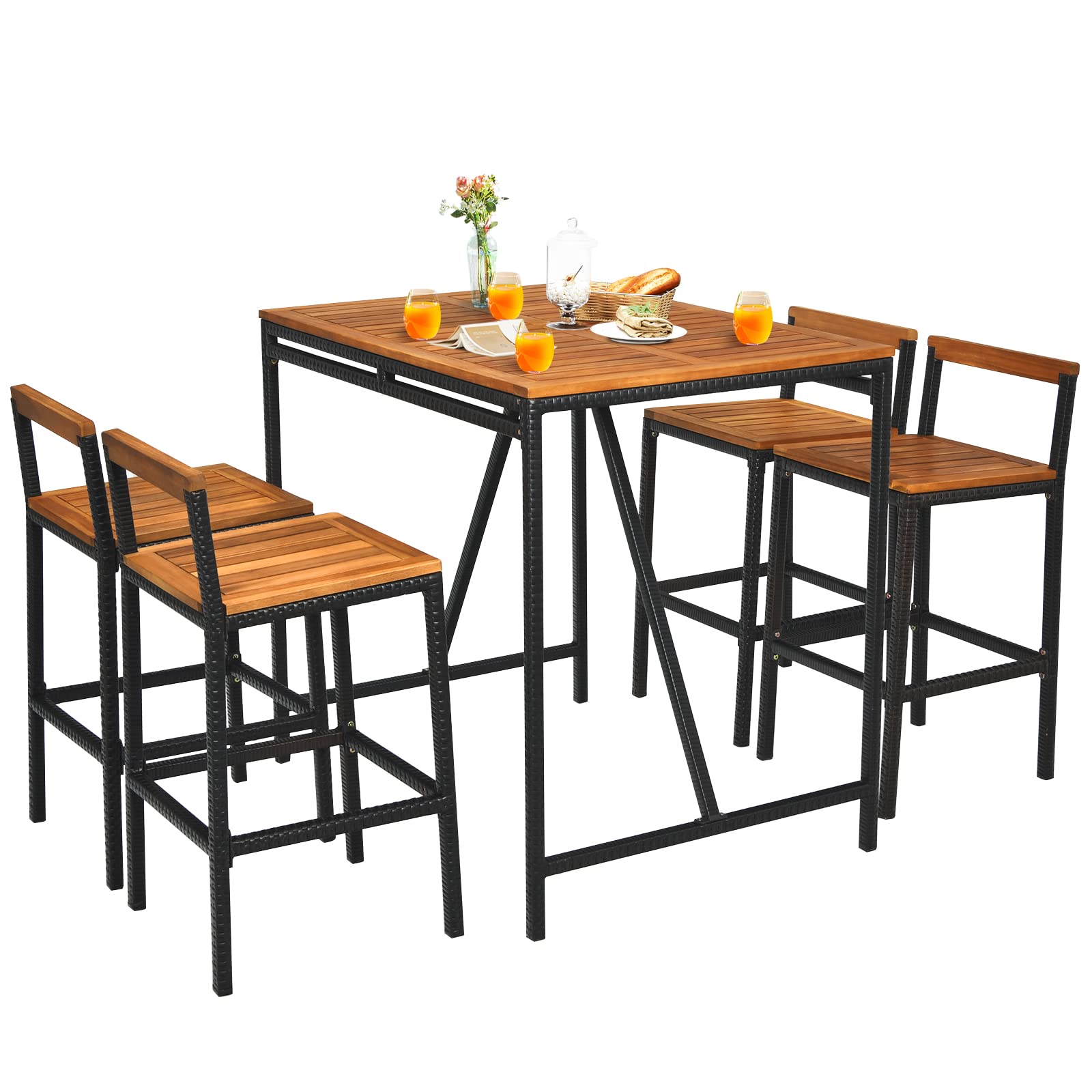 Tangkula 5-Piece Acacia Wood Outdoor Bar Set with Umbrella Hole - Black Rectangular Bar Table & 4 Rattan Bar Stools for Patio, Garden, Backyard Dining & Entertaining