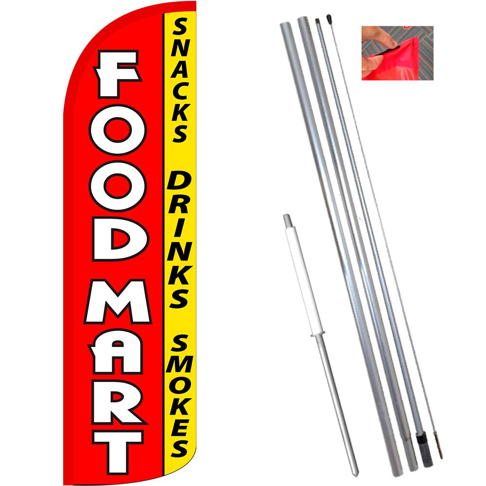 Premium Windless Feather Flag Bundle for Food Marts – 11.5' Tall Snack & Beverage Advertising Flag with 15' Flagpole & Ground Stake – Perfect for Convenience Stores, Gas Stations & Retail Promotions